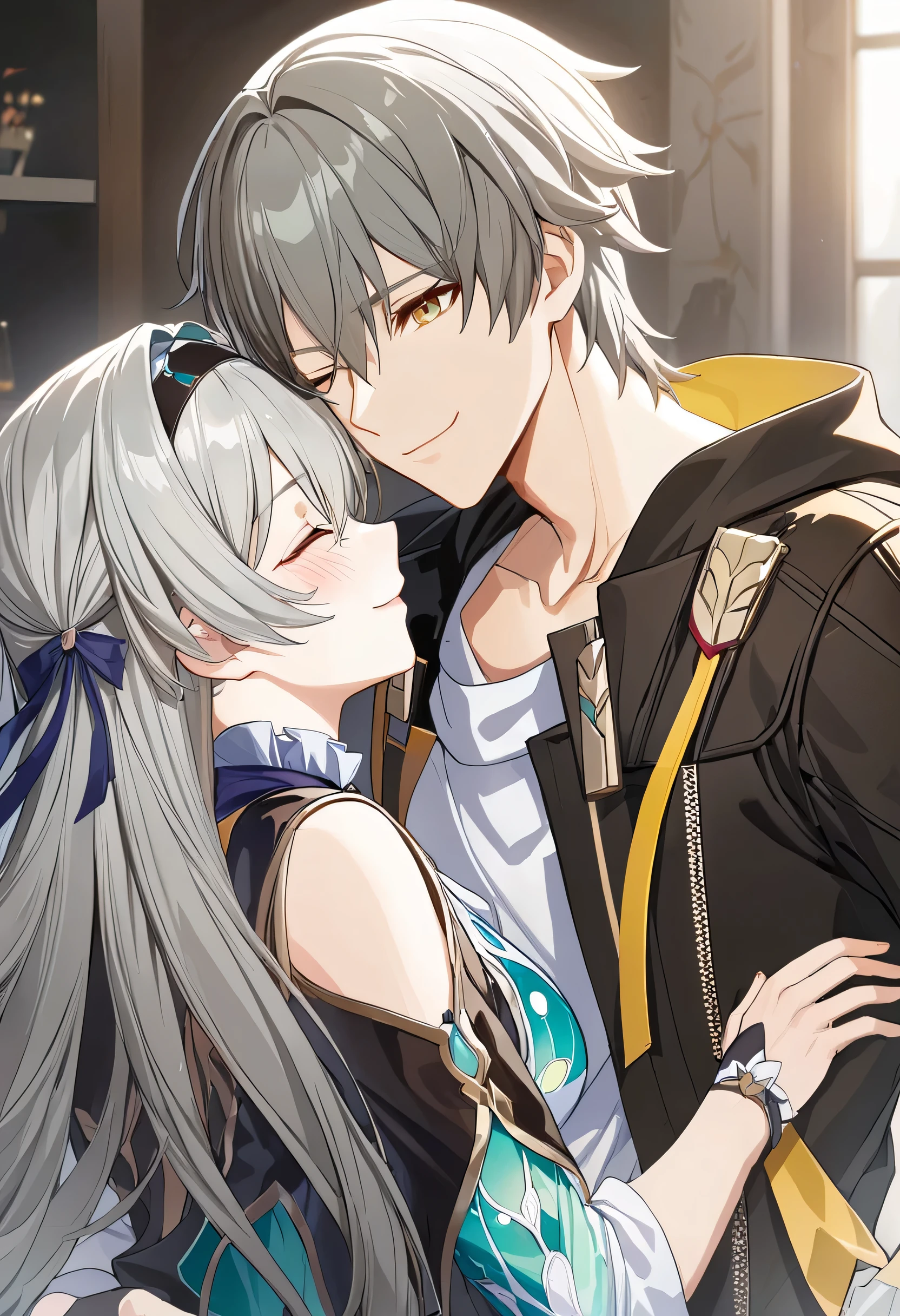 (masterpiece, top quality, best quality, official art, beautiful and aesthetic:1.2),(8k, best quality, masterpiece:1.2), (((masterpiece))),(((best quality))),(((extremely detailed))),illustration, who, (masterpiece, top quality, best quality, official art, beautiful and aesthetic:1.2),(8k, best quality, masterpiece:1.2), masterpiece, best quality, illustration, highres, ultra-detailed, caelus \(honkai: star rail\),commentary request,firefly \(honkai: star rail\), 1girl, 1boy, grey hair, hairband, hug, long hair, smile, jacket, closed eyes, black jacket, shirt, white shirt, blush, gloves, one eye closed, black hairband, hand on another's head, hair between eyes, closed mouth, bow, long sleeves, hair bow, hair intakes, short hair, black gloves, yellow eyes, fingerless gloves, simple background, white background, twitter username, upper body, sidelocks
