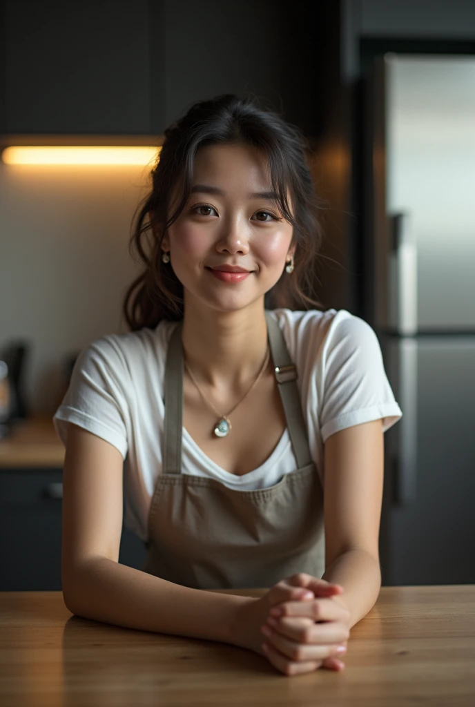 A 17 year old girl who stand in kitchen (cute face and cute smile