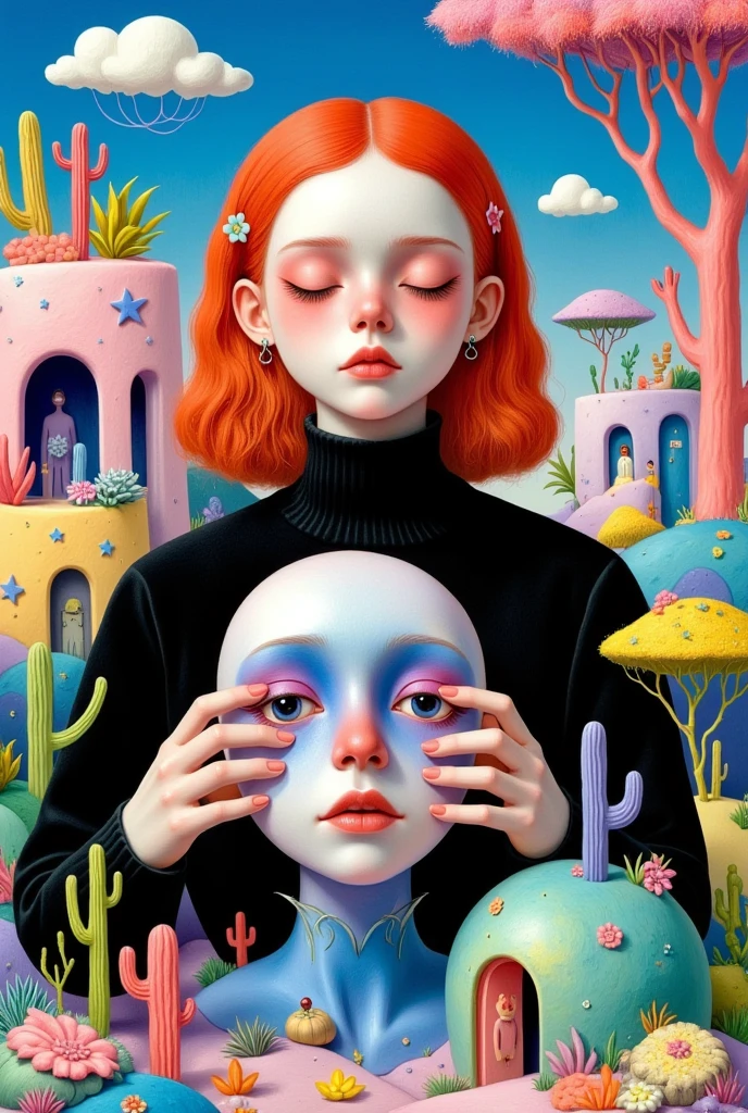 a woman holding a mask, Beeple and Jeremiah Ketner, japanese popular surrealism, Crying Mask，android jones style, japanese Pop surrealism, Pop surrealism art style, Pop surrealism lowbrow art style, Pop surrealism, pop - surrealism, james jean and wlop, psychedelic illustration, psychedelic surreal art, lowbrow Pop surrealism, (best quality,4K,8k,highres,masterpiece:1.2),ultra-detailed,(realistic,photorealistic,photo-realistic:1.37),vibrant colors,dramatic lighting,cinematic,hyperrealistic