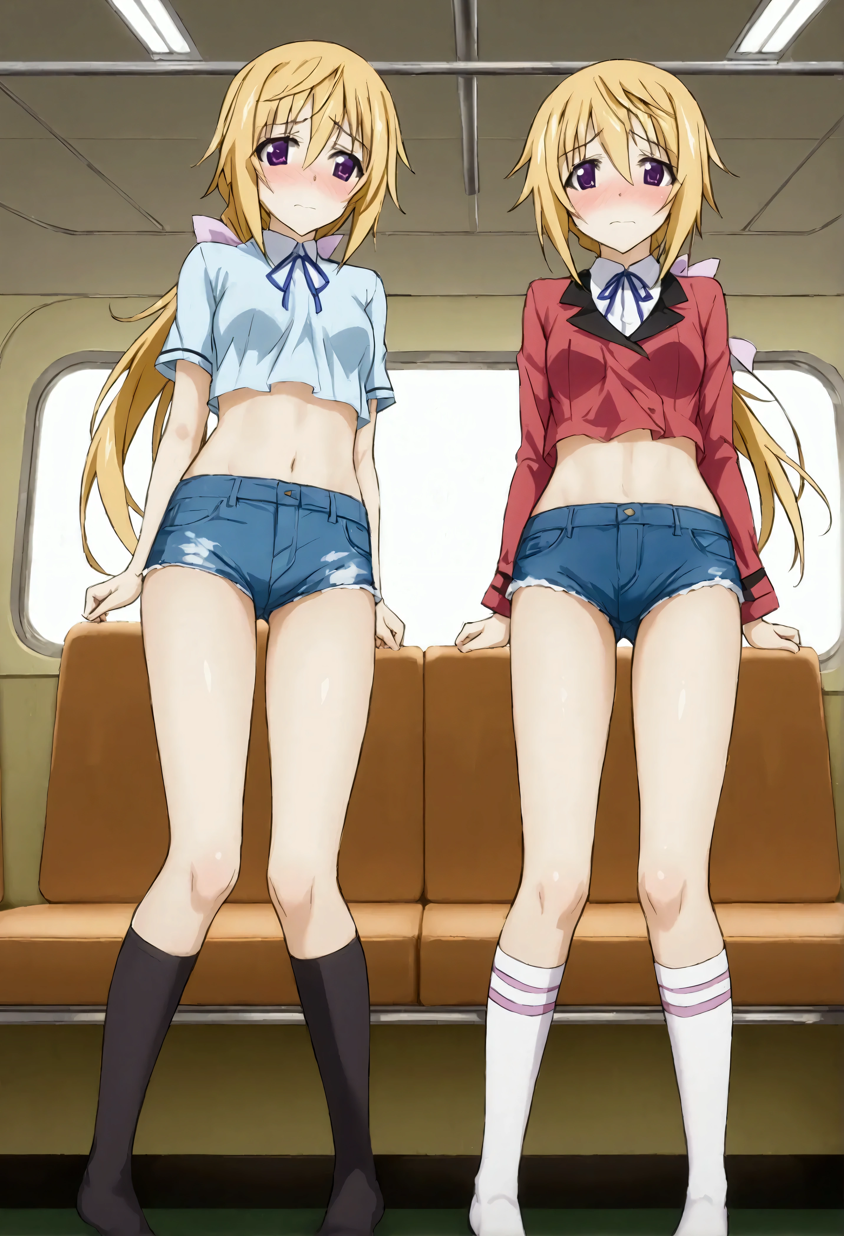 NSFW,masterpiece,Best Quality,High resolution,Very detailed,Charlotte Dunois\(Infinite Stratos\),Long Hair、Blonde Hair、ribbon、Purple Eyes、ponytail、ヘアribbon,Frilled shirt,Off the shoulder,Crop top,Low-rise denim shorts,Knee-high socks,(A patient face),Embarrassed,blush,Inside the train,Crowded train,(Molester)