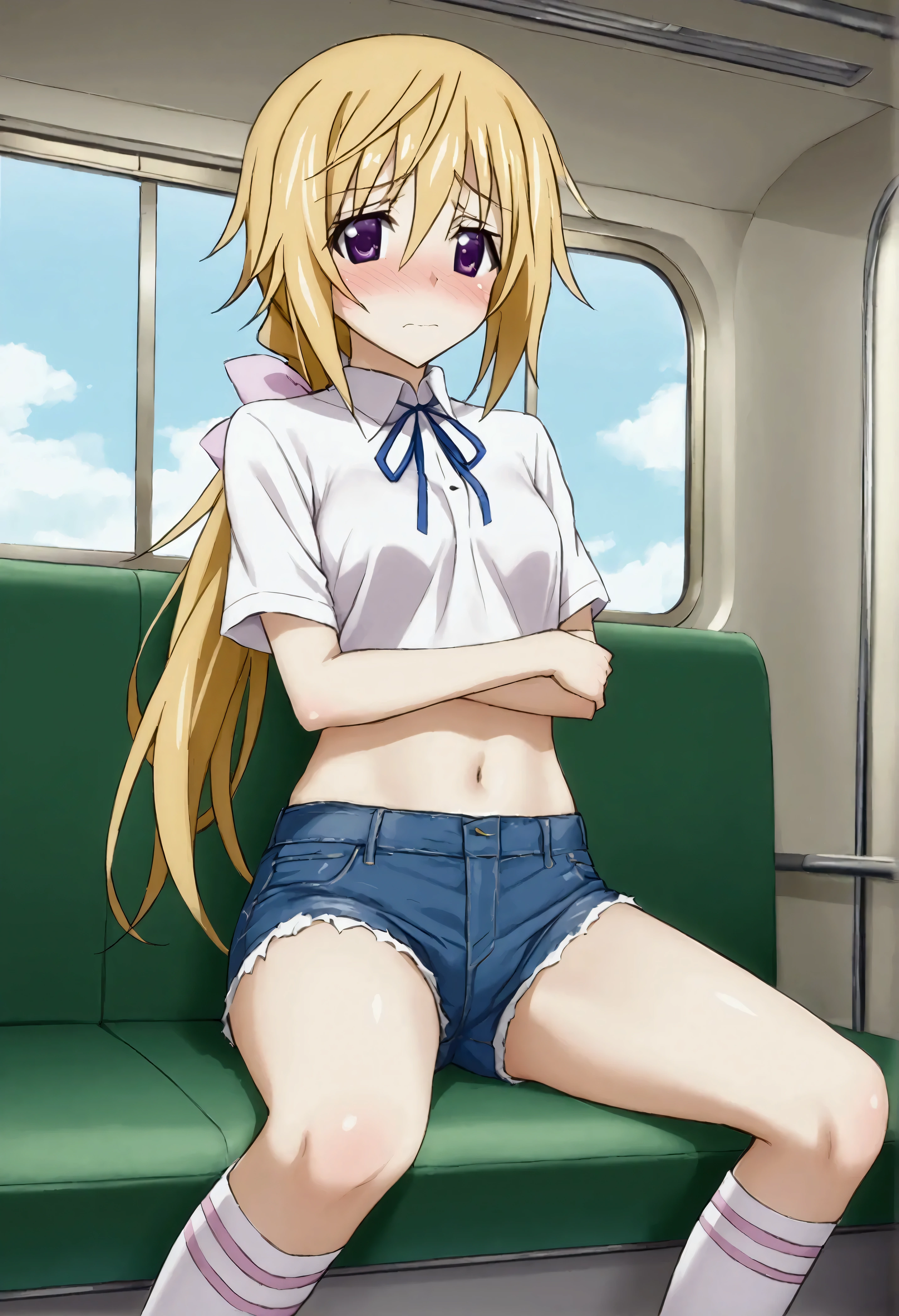 NSFW,masterpiece,Best Quality,High resolution,Very detailed,Charlotte Dunois\(Infinite Stratos\),Long Hair、Blonde Hair、ribbon、Purple Eyes、ponytail、ヘアribbon,Flared shirt,Crop top,Denim shorts,Knee-high socks,,Embarrassed,blush,Inside the train