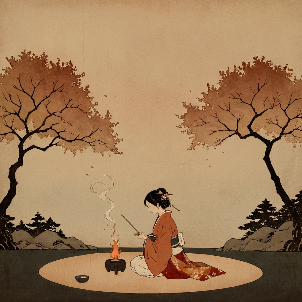 A serene scene featuring a woman in traditional Japanese clothing, sitting calmly as she burns incense. The smoke rising from the incense has intricate, elegant patterns inspired by traditional Japanese designs, gently swirling into the air. The texture of the entire image resembles the soft, textured surface of washi paper, adding a sense of warmth and authenticity to the scene. The background includes a minimalist forest with trees in muted autumn colors, harmonizing with the tranquil atmosphere. The woman is surrounded by a peaceful, meditative ambiance, as if performing a quiet ritual.