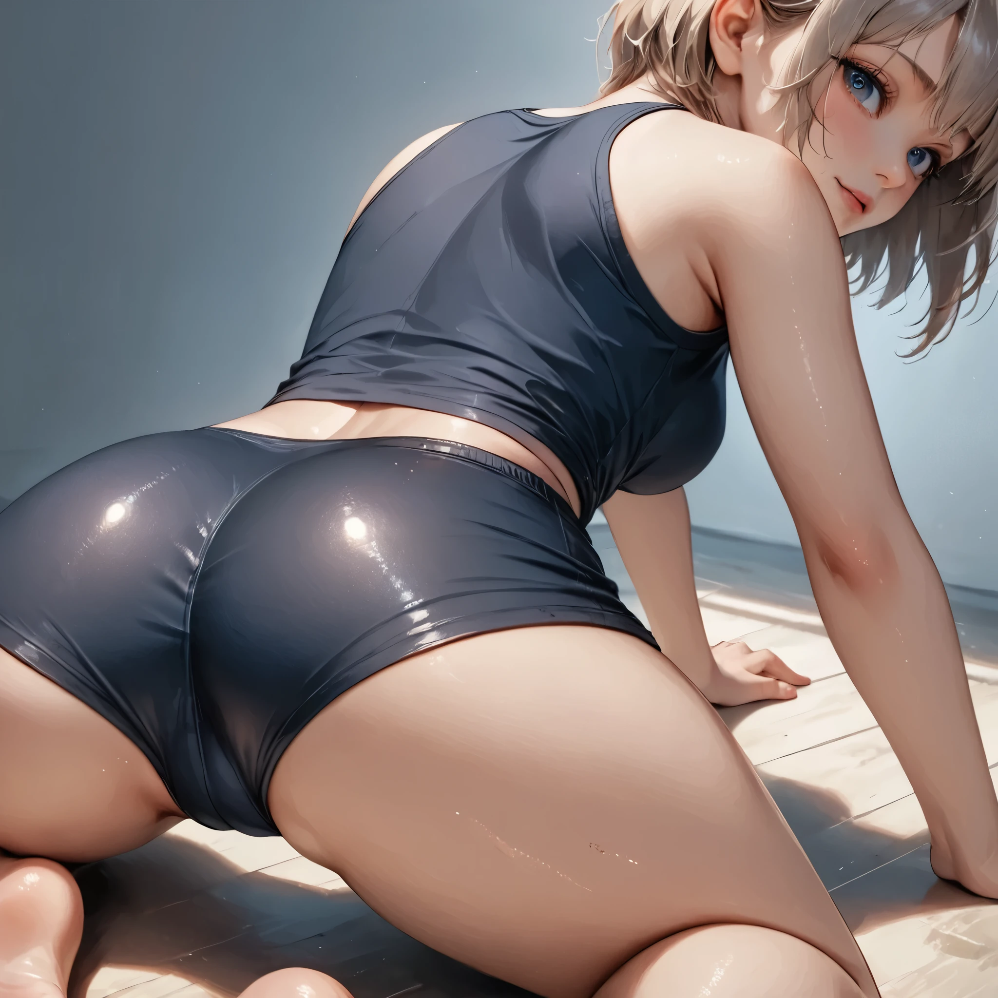 masterpiece, best quality, 8k, highres, ultra-detailed,HDR, UHD, studio lighting, ultra-fine painting, sharp focus, physically-based rendering, extreme detail description,wide shot,150cm 1girl,t-shirt, (Anatomically correct,fullbody),(Butt forward),(From behind), short hair,
shaved side,
conplete naked,
,On all fours,top down, Bottom up,Open leg forward bend