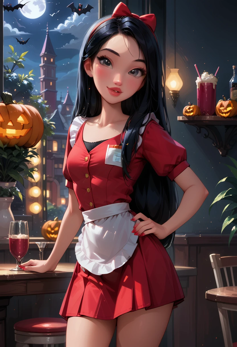 score_9, score_8_up, score_7_up, 1girl, solo, very sexy (Disney's Fa Mulan, black hair:1.4), wearing (sexy diner waitress uniform, short skirt:1.5), confident, flirt, gaze, sexy look, cute smile, head tilt, filled lips, thick lips, standing, in the living room, sexy pose, beautiful modern apartment, city living, (Halloween theme:1.3), night, dark, dimly lit, expressiveh d4rk01l, perfect hands, perfect proportions, cowboy shot.