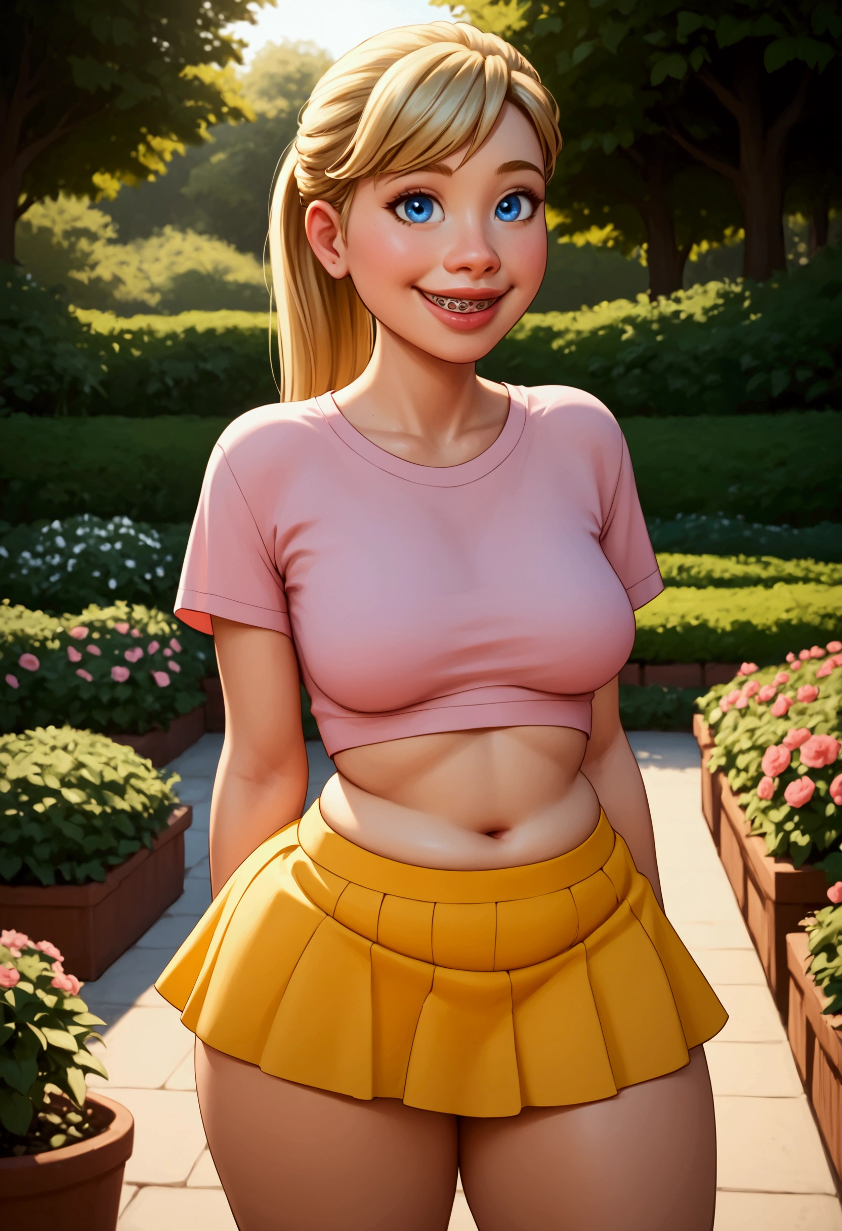 A stunning, intricate full-color portrait in Ultra-HD, detailed face, big lips, teen girl, long hair and making a blonde ponytail, blue eyes, Wearing pink t-shirt, croptop,  sharp focus, natural lighting, Subsoil Dispersion, F2, 35mm, will be standing, posing sensually, large butt, very sexy, huge butt, with chubby legs and wide hips, thick thighs, very narrow waist, in a garden, smiling and with braces, bent over, medium breasts, big ass, She will be wearing a very small wide yellow skirt that her underwear will be visible,