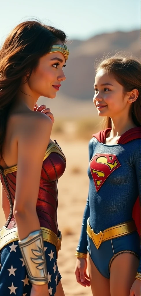 (Muscular:1.7), (large round breasts:1.4), (large muscular chest and shoulders:1.1), (tween girl:1.8), FEMALE, brown hair, long brown hair, (big smile:1.6), (wearing a tight full Supergirl costume:1.6), looking at viewer, (three quarter view:1.2), upper body view, (city:1.6), dark lighting, detailed skin, detailed eyes, (clean skin:1.5), (tiny waist:1.5), exaggerated hourglass physique, (huge body muscles:1.7), (one protagonist:1.5), (tall:1.9),