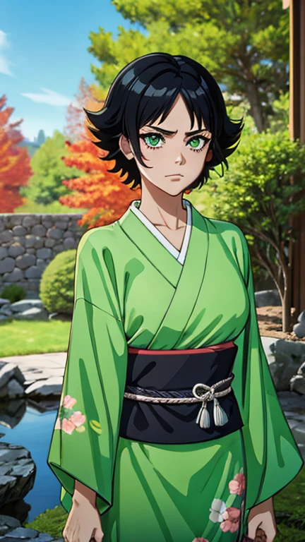 (1girl, Alone, Buttercup), (extremely detailed CG unit 8k wallpaper),(master part), (best quality), (ultra detail), (best illustration),(bleach style), cowboy shot, (Sharp eyeliner, ombre, detailed eyes:1), japanese garden, outdoors background, ,break,  (Kimono V2.0), upper body, black hair, green eyes, short hair, messy hair, green kimono