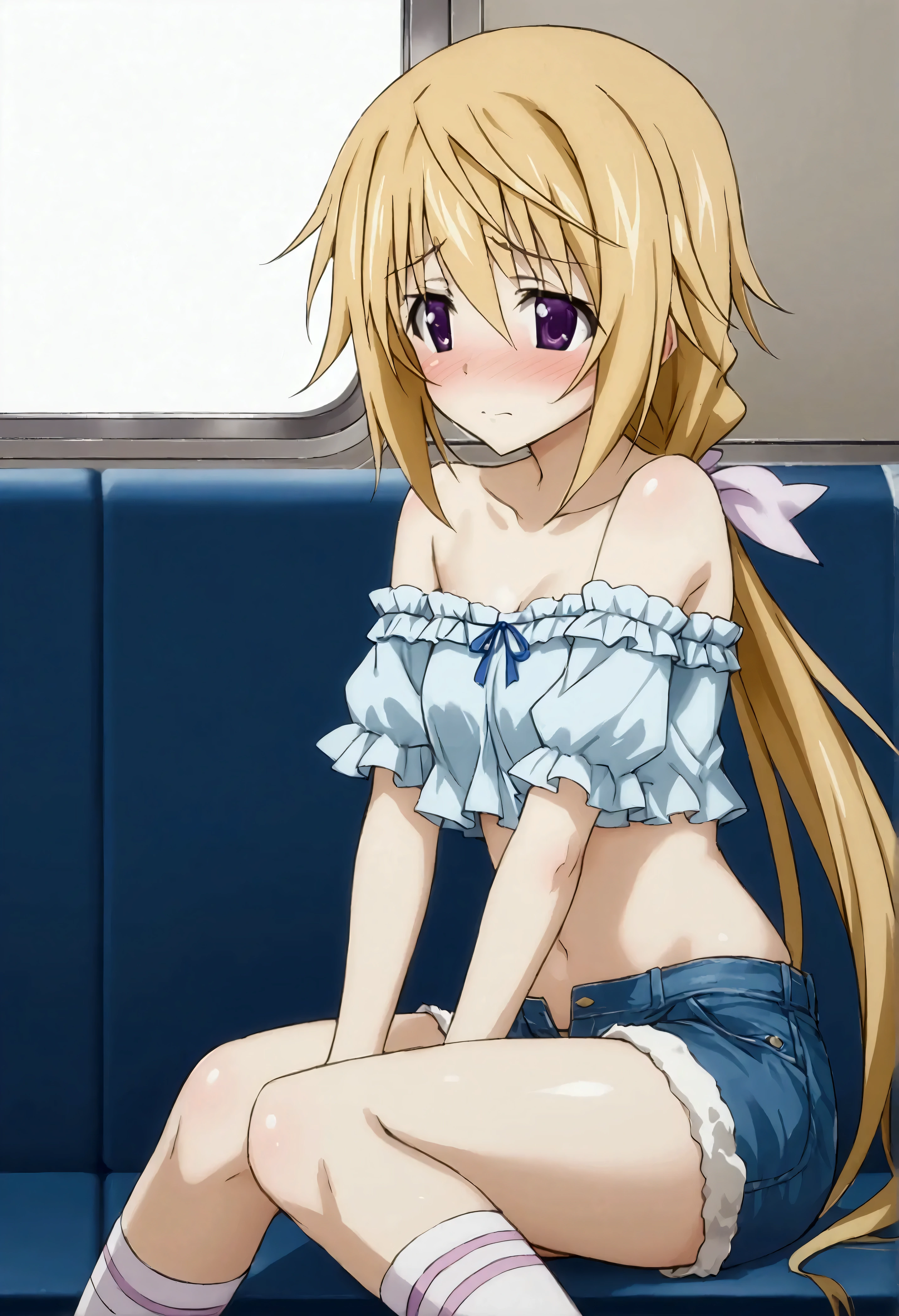 NSFW,masterpiece,Best Quality,High resolution,Very detailed,Charlotte Dunois\(Infinite Stratos\),Long Hair、Blonde Hair、ribbon、Purple Eyes、ponytail、ヘアribbon,Frilled shirt,Off the shoulder,Crop top,Low-rise denim shorts,Knee-high socks,,Embarrassed,blush,Inside the train