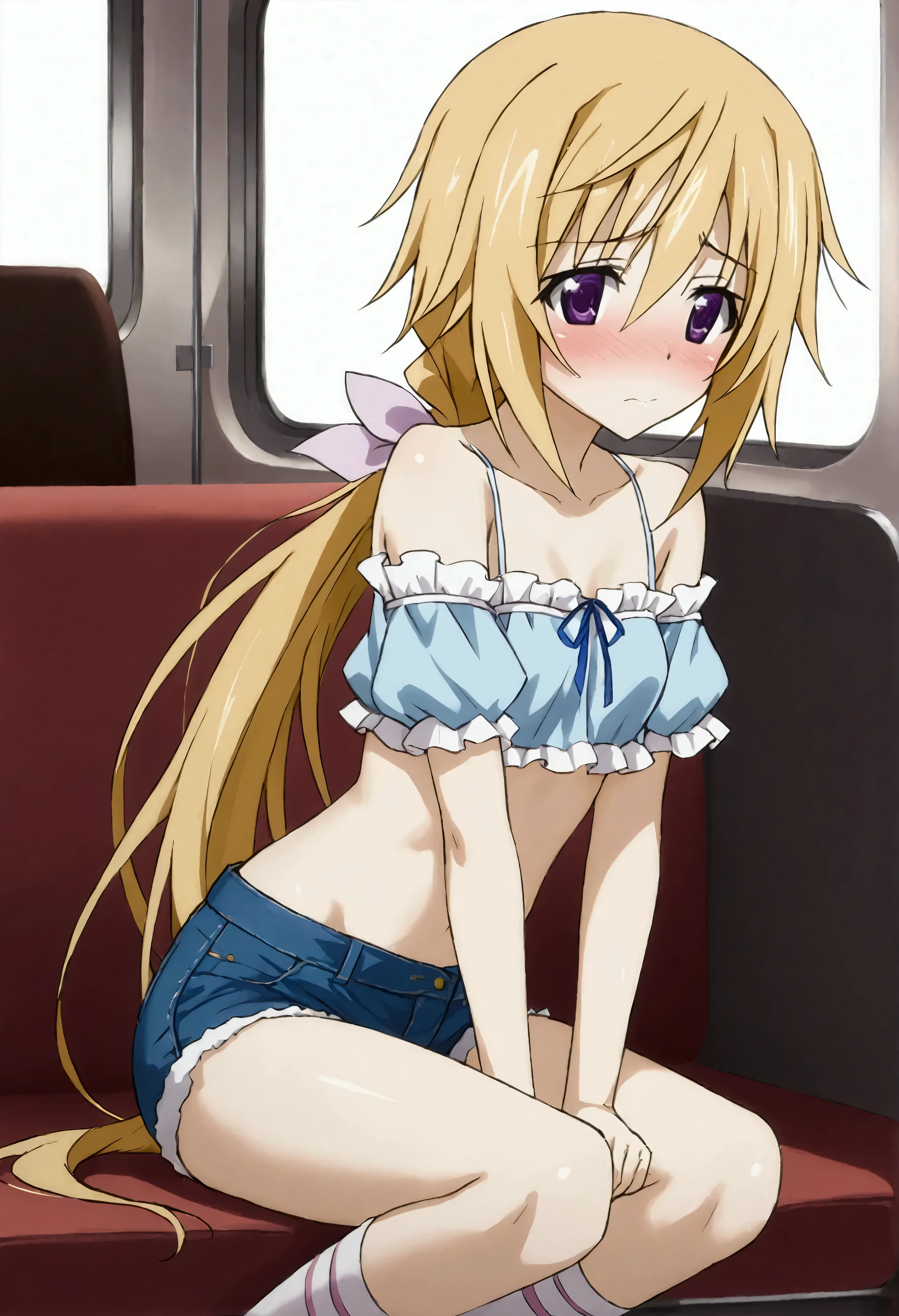 NSFW,masterpiece,Best Quality,High resolution,Very detailed,Charlotte Dunois\(Infinite Stratos\),Long Hair、Blonde Hair、ribbon、Purple Eyes、ponytail、ヘアribbon,Frilled shirt,Off the shoulder,Crop top,Low-rise denim shorts,Knee-high socks,,Embarrassed,blush,Inside the train