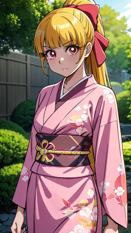 (1girl, Alone, ppgzmmk), (extremely detailed CG unit 8k wallpaper),(master part), (best quality), (ultra detail), (best illustration),(bleach style), cowboy shot, (Sharp eyeliner, ombre, detailed eyes:1), japanese garden, outdoors background, ,break,  (Kimono V2.0), upper body, long hair, blonde hair, hair bow, blunt bangs, ponytail, red eyes, bright pupils, pink kimono