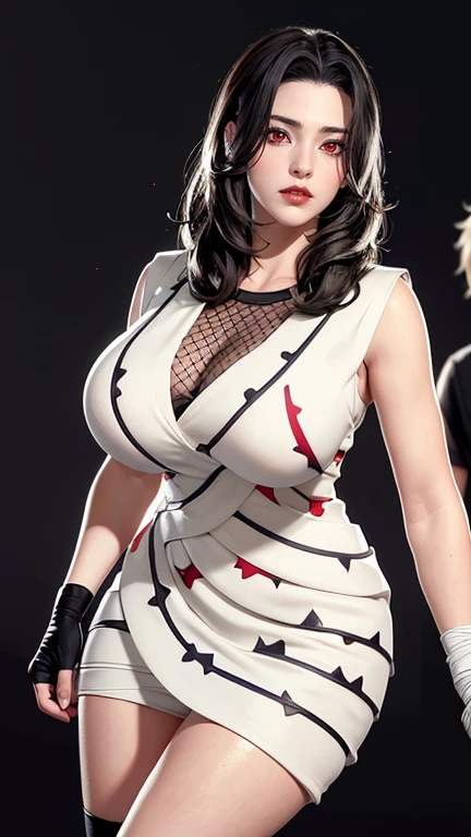 （（（perfect figure，figure，forehead protector，bandaged hand，konohagakure symbol，fishnets，Red single sleeve，White striped clothes，（（（Kurenai Yuhi, black hair, red eyes,  long hair,makeup，red eyes，lipstick，）））型figure:1.7））），((masterpiece)),high resolution, ((Best quality at best))，masterpiece，quality，Best quality，（（（ Exquisite facial features，looking at the audience,There is light in the eyes，Happy，ng of light and shadow，huge ））），（（（looking into camera，black background，MFBP1）））