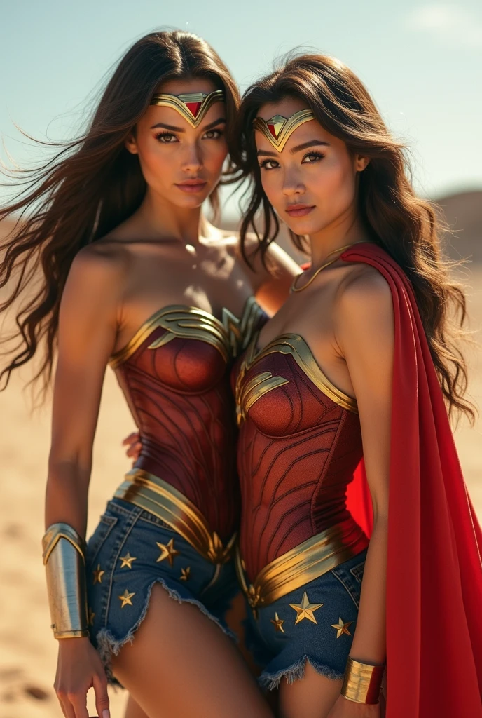 An image of Wonder Woman, known as Diana Prince, hugging iron man with love and admiration, both in full body. They are standing in an open field during a sunset, with the sun setting on the horizon and creating a warm, golden atmosphere. Wonder Woman is dressed in her classic costume that highlights her beauty and strength, while iron man wears his signature red and black suit. Diana&#39;s expression is tender and affectionate, while iron man shows a mix of surprise and joy. The natural surroundings and evening light enhance the scene, creating a touching moment between these two iconic superheroes.

