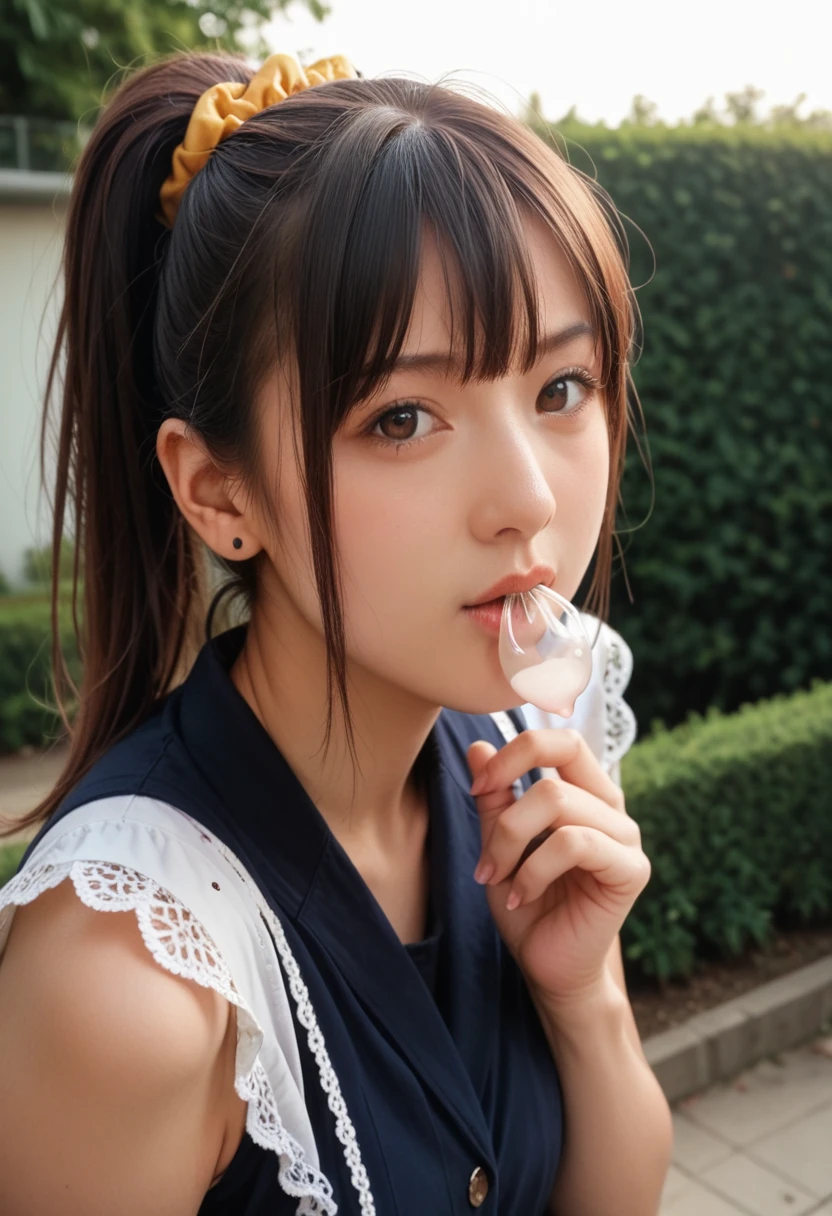 Score_9, Score_8_up, Score_7_up, rating_safe, realistic, masterpiece, best quality, solo, 1girl, a Japanese female idol, Kanna Hashimoto, (blouse, skirt), (a used condom in mouth, face focus, view from front), (ponytail hair, bangs, hair scrunchie), detailed face, detailed dark brown eyes, sophisticated nose, realistic photo, intricate details, outdoors, home, backyard, sunny,