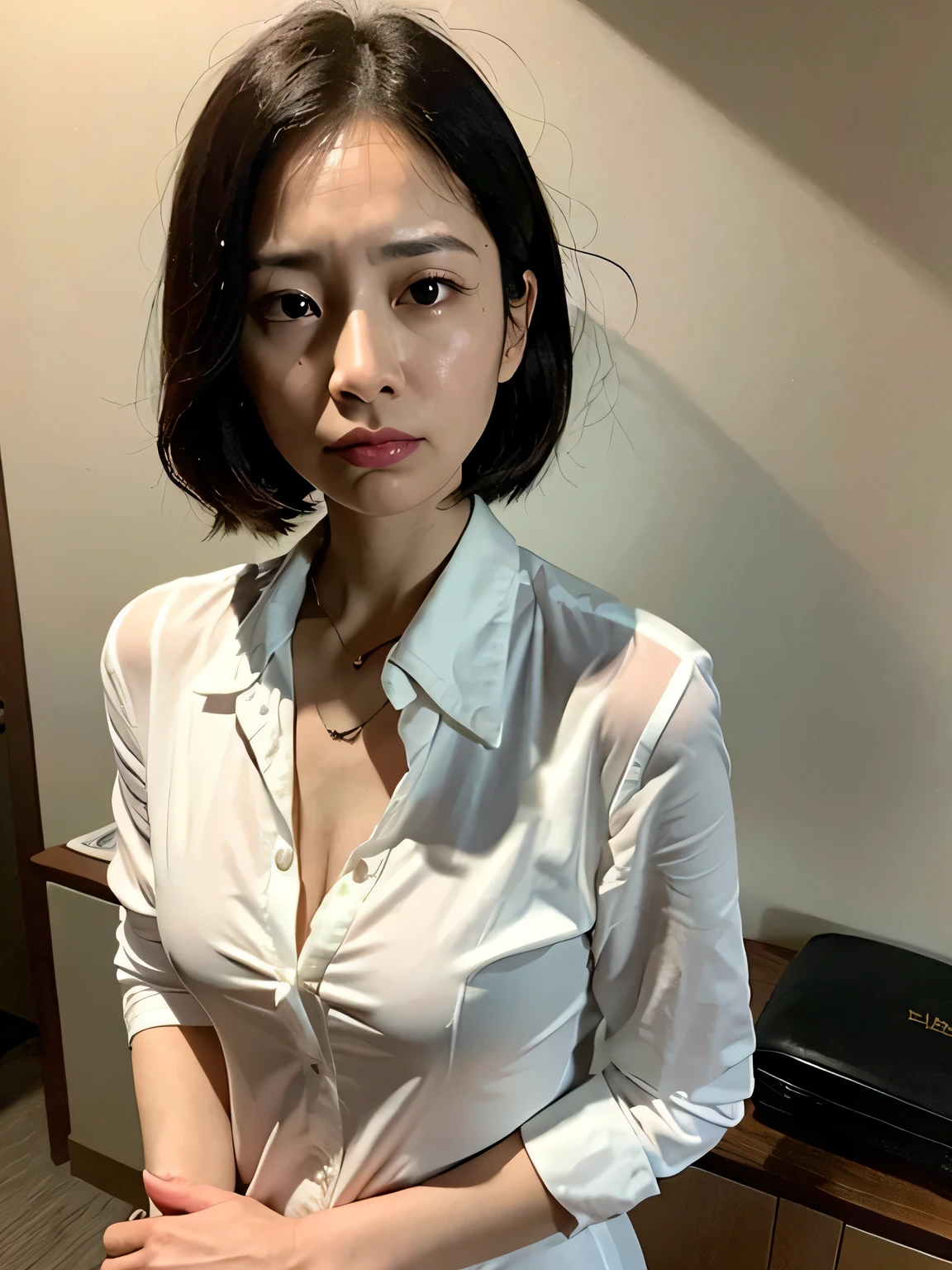 ((Highly realistic photos, High resolution, Detailed face, Detailed skin, masterpiece)), full body, Beautiful Japanese woman is backed up against a wall and saying no, short bob hair style, 40 years old, thin, small, delicate, Thin face, Frowning, Wrinkle, short bob hair style, thin, small, delicate, Thin face, Frowning, Wrinkles at the corners of the eyes, Petite, Short, Being thin, (Small breasts:1.3), (white button up shirt), formal wear, (Scared:1.3), (Trembling), in a modern office room, 