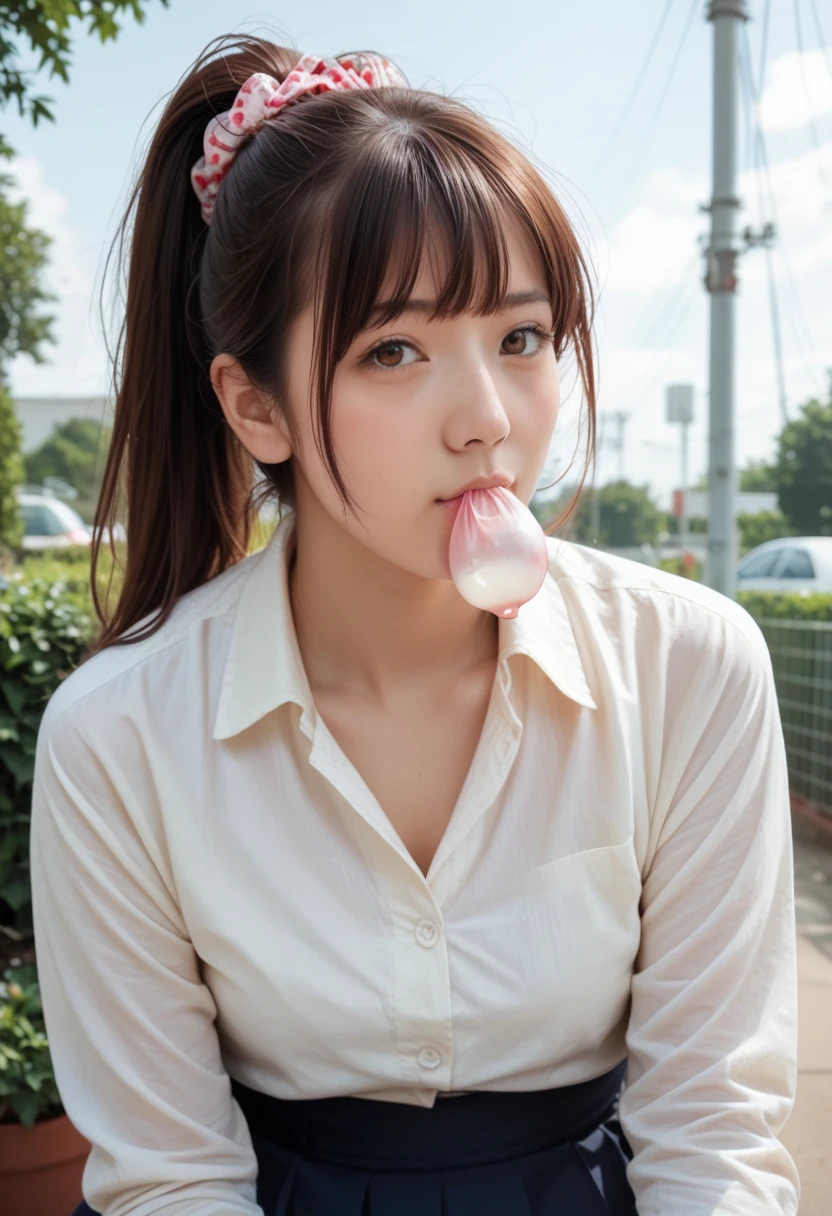 Score_9, Score_8_up, Score_7_up, rating_safe, realistic, masterpiece, best quality, solo, 1girl, a Japanese female idol, Kanna Hashimoto, (blouse, skirt), (a used condom in mouth, face focus, view from front), (ponytail hair, bangs, hair scrunchie), detailed face, detailed dark brown eyes, sophisticated nose, realistic photo, intricate details, outdoors, home, backyard, sunny,