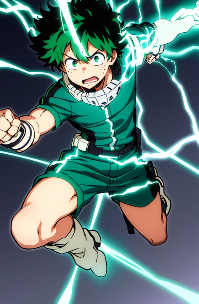 Generate an image of Izuku Midoriya, the protagonist from My Hero Academia. He is a teenage boy with wild, green hair and bright green eyes. His expression is intense and determined, with small freckles on his cheeks. He is wearing his signature green jumpsuit with black and white highlights, and red boots. On his arm, he is wearing a gauntlet-like device that channels powerful energy, shown as bright green lightning bolts crackling around his body. The scene captures him in mid-air, ready to punch with his arm extended forward, displaying his strength and power. The background should be a dynamic, cloudy sky with dramatic lighting, emphasizing the intensity of the moment.