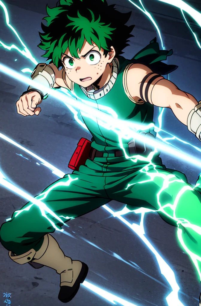 Generate an image of Izuku Midoriya, the protagonist from My Hero Academia. He is a teenage boy with wild, green hair and bright green eyes. His expression is intense and determined, with small freckles on his cheeks. He is wearing his signature green jumpsuit with black and white highlights, and red boots. On his arm, he is wearing a gauntlet-like device that channels powerful energy, shown as bright green lightning bolts crackling around his body. The scene captures him in mid-air, ready to punch with his arm extended forward, displaying his strength and power. The background should be a dynamic, cloudy sky with dramatic lighting, emphasizing the intensity of the moment.