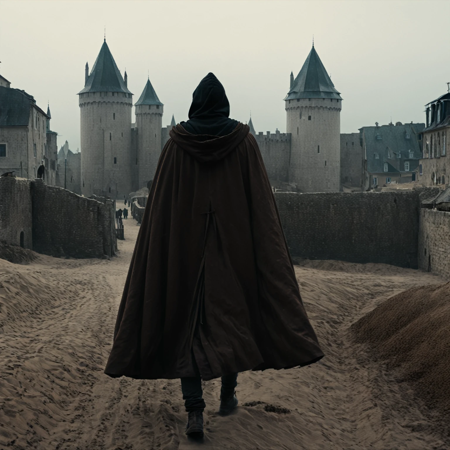 1 man, walking through a city with a lot of sand and dirt, dark and brown atmosphere because there is always dirt in the air, hooded man, wearing a cloak with a black hood, view from behind, view from close up, distant background of a castle enter the houses, ancient city. cinematic, 8k. realistic, movie. history.