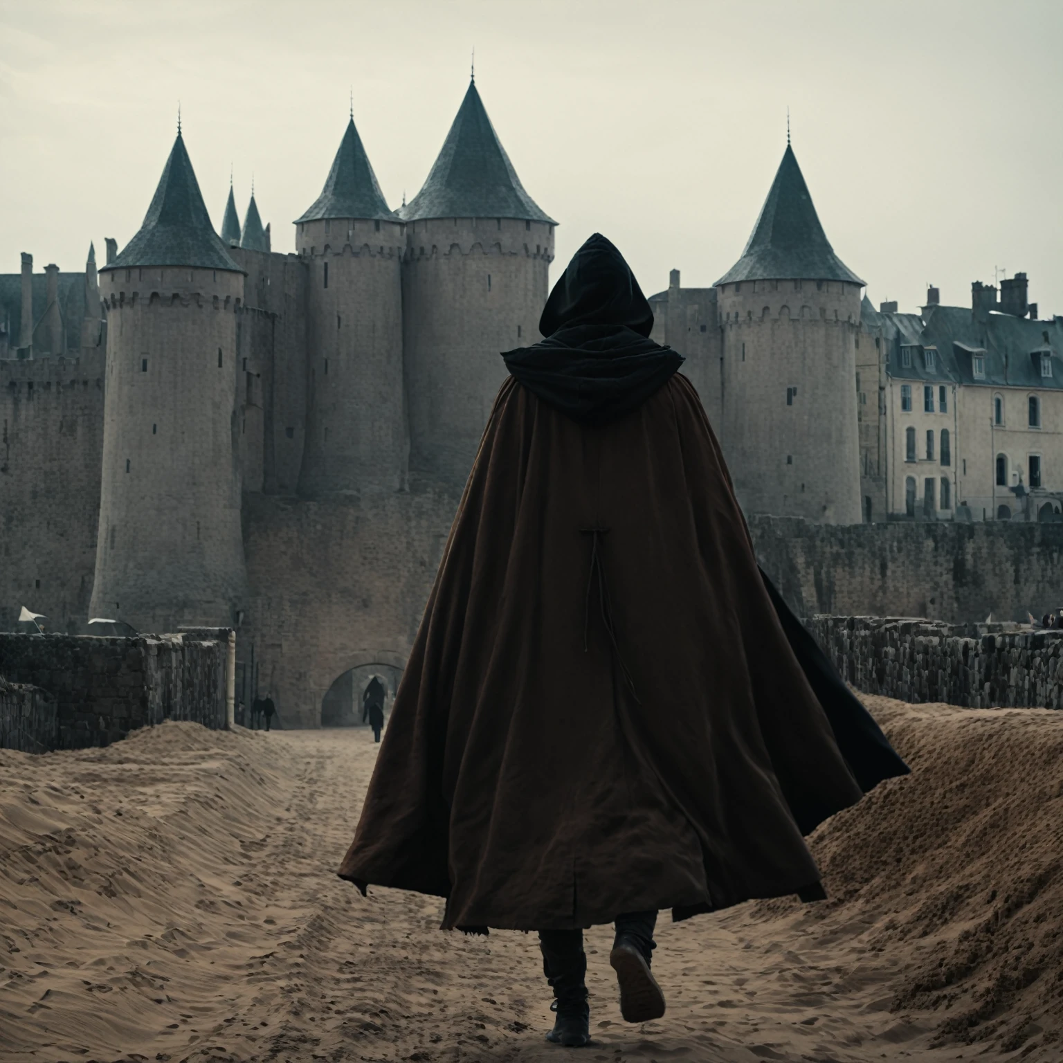 1 man, walking through a city with a lot of sand and dirt, dark and brown atmosphere because there is always dirt in the air, hooded man, wearing a cloak with a black hood, view from behind, view from close up, distant background of a castle enter the houses, ancient city. cinematic, 8k. realistic, movie. history.