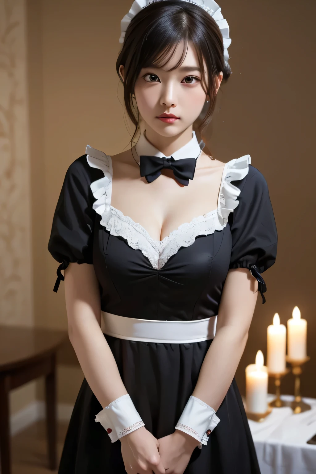 masterpiece、Best Quality, Very detailed、Ultra-realistic、8k 、wallpaper, Professional Lighting、Beautiful gradation、Japanese,Adult female, her 30s、Medium Hair, Disheveled Hair, Asymmetrical bangs, chest is open, Beautiful breasts、Natural skin texture、((Black maid outfit))、black bowtie、 White headband, Dimly lit room,haunted mansion, Torture devices,At night, Candlelight illuminating the room、Satanicなwallpaper、Blurred background