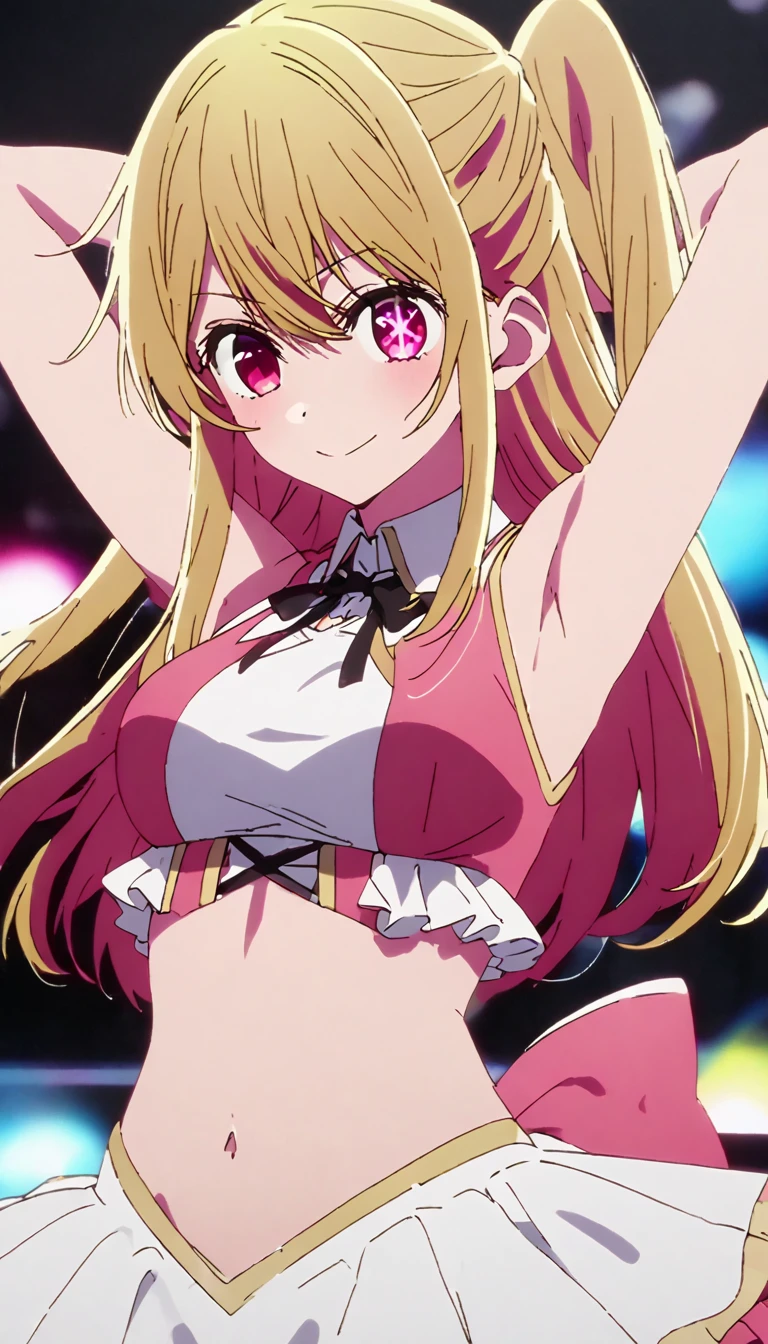 ruby hoshino, long hair, bangs, blonde hair, pink eyes, sidelocks, symbol-shaped pupils, multicolored hair, two-tone hair, star-shaped pupils, medium breast, smile, open mouse, idol costume, sleeveless, frilled dress, clevage laces, chest laces, navel, slender waist, poses, arms up, underarm, looking viewer, from front, best quality, ultra-detailed, high resolution, 8K, clothes detailed, 