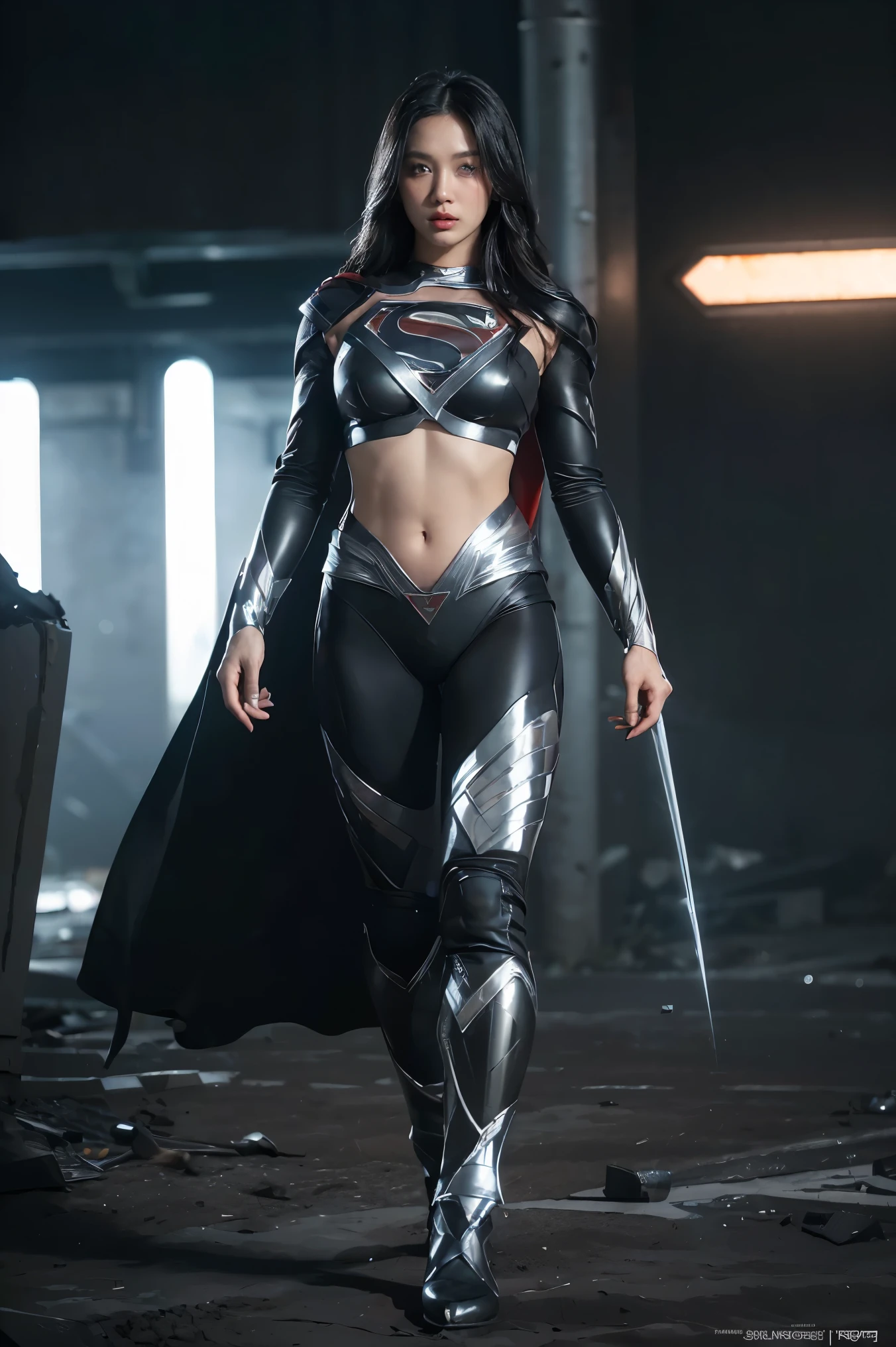 action shots of M1lly4c0k2222 ((wearing a sexier revealing black and silver version of the evil superman suit man of steel)), large breasts, toned body, (explosions in the background a city in ruins), Style-BladeRunner2049-8v Intricate, High Detail, Sharp focus, dramatic, ((photorealistic))