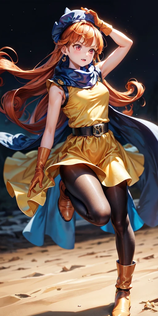 One girl,Alone,DQ4-Arena,Black pantyhose,Blue Cape,Blue headdress,boots,Curly Hair,Earrings,Long Hair,Orange gloves,orange hair,Red eyes,Sleeveless,Yellow Dress,Yellow Skirt,Dynamic pose,Small breasts,(Shiny,Shiny dress:1.1)Jump,V-shaped eyebrows,Clear skies, (masterpiece), (Best Quality), (Ultra-detailed), Intricate details,, (masterpiece), (Best Quality), (Ultra-detailed), Intricate details,