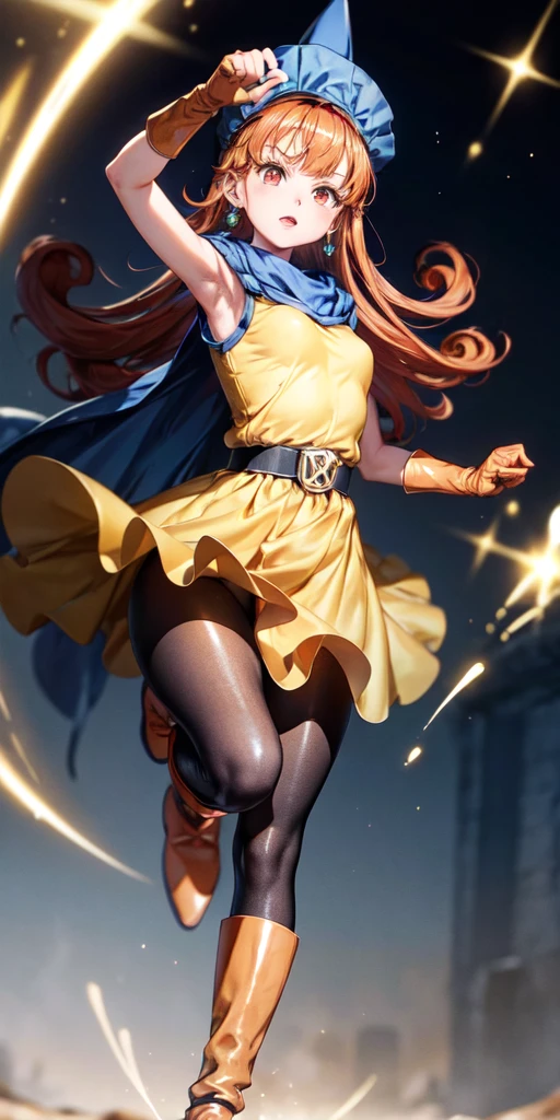 One girl,Alone,DQ4-Arena,Black pantyhose,Blue Cape,Blue headdress,boots,Curly Hair,Earrings,Long Hair,Orange gloves,orange hair,Red eyes,Sleeveless,Yellow Dress,Yellow Skirt,Dynamic pose,Small breasts,(Shiny,Shiny dress:1.1)Jump,V-shaped eyebrows,Clear skies, (masterpiece), (Best Quality), (Ultra-detailed), Intricate details,, (masterpiece), (Best Quality), (Ultra-detailed), Intricate details,