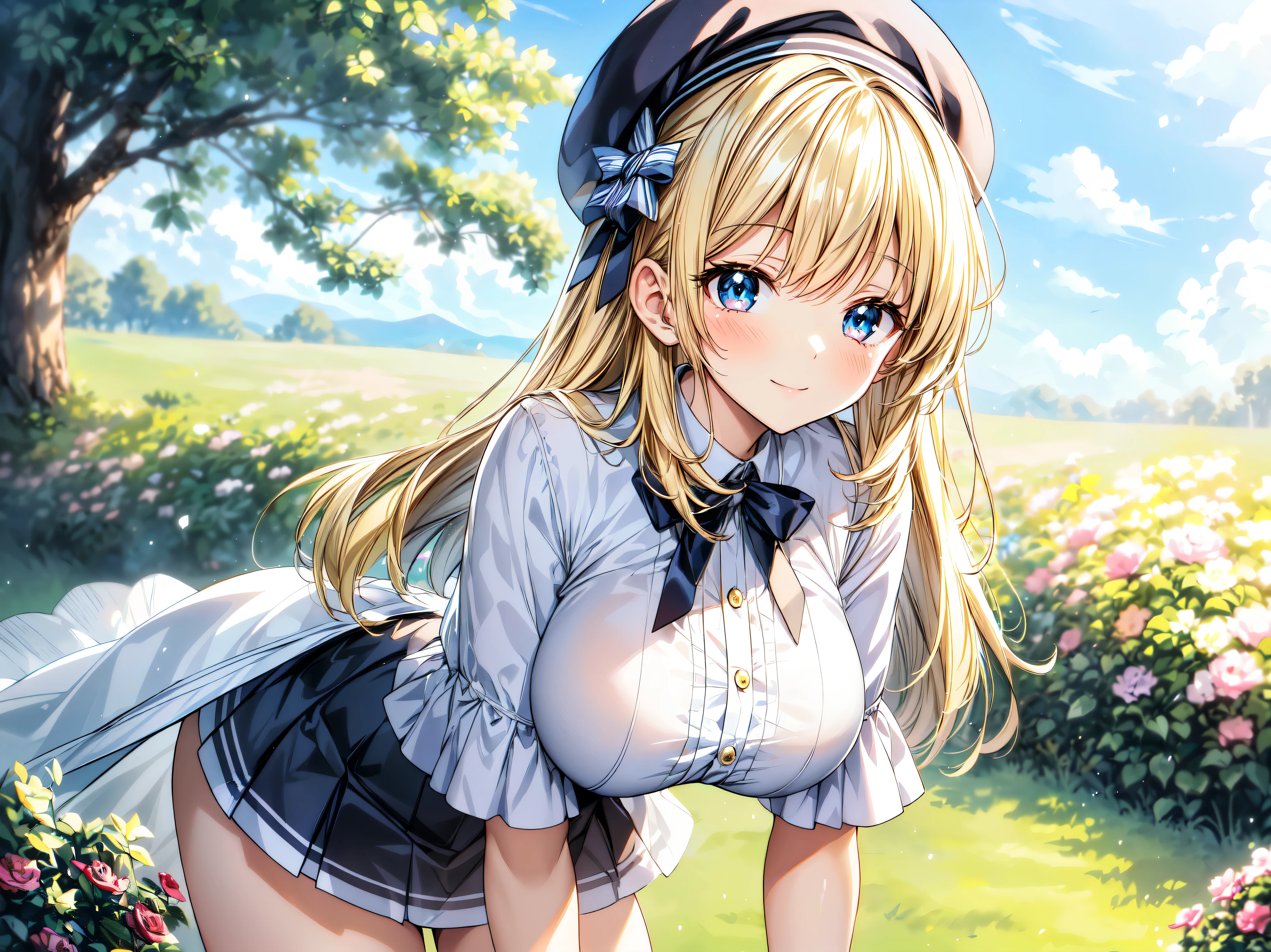 ((Ultra HD)), ((Super detailed)), ((Best Quality)), Blonde, ((Asymmetrical bangs)), KAWAII, happy smile, Big Breasts, breasts focus, Beret, Pleated mini skirt with lace, White Wizard, looking at viewer, from above, leaning forward, on grassland, (((Complete Hand))), ((depth of field, blurred background)), (anime moe art style:1.3),