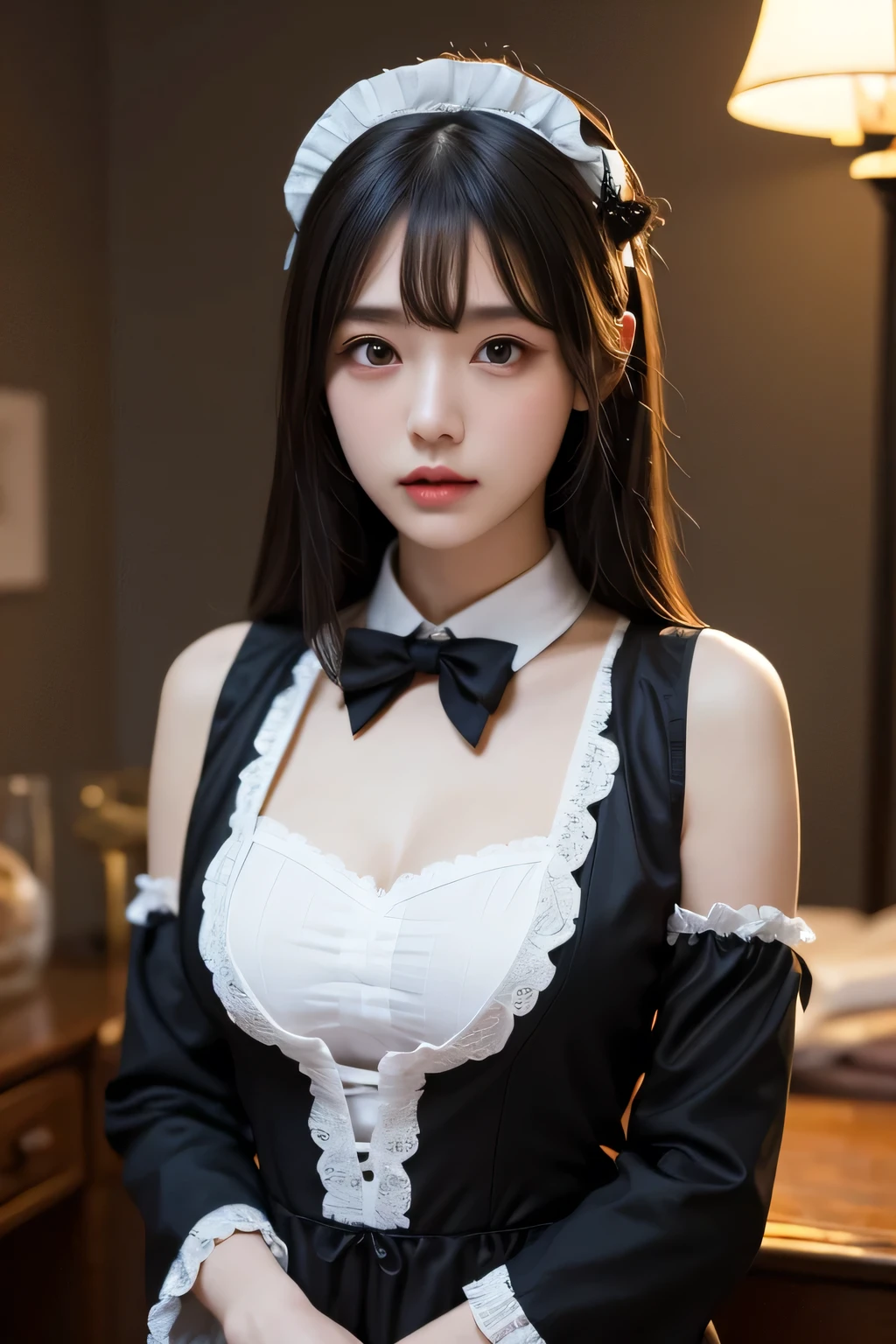 masterpiece、Best Quality, Very detailed、Ultra-realistic、8k 、wallpaper, Professional Lighting、Beautiful gradation、Japanese,Adult female, her 30s、Medium Hair, Disheveled Hair, Asymmetrical bangs, chest is open, Beautiful breasts、Natural skin texture、((Black maid outfit))、black bowtie、 White headband, Despise the audience、Dimly lit room,haunted mansion, Torture devices,At night, Candlelight illuminating the room、Satanicなwallpaper、Blurred background