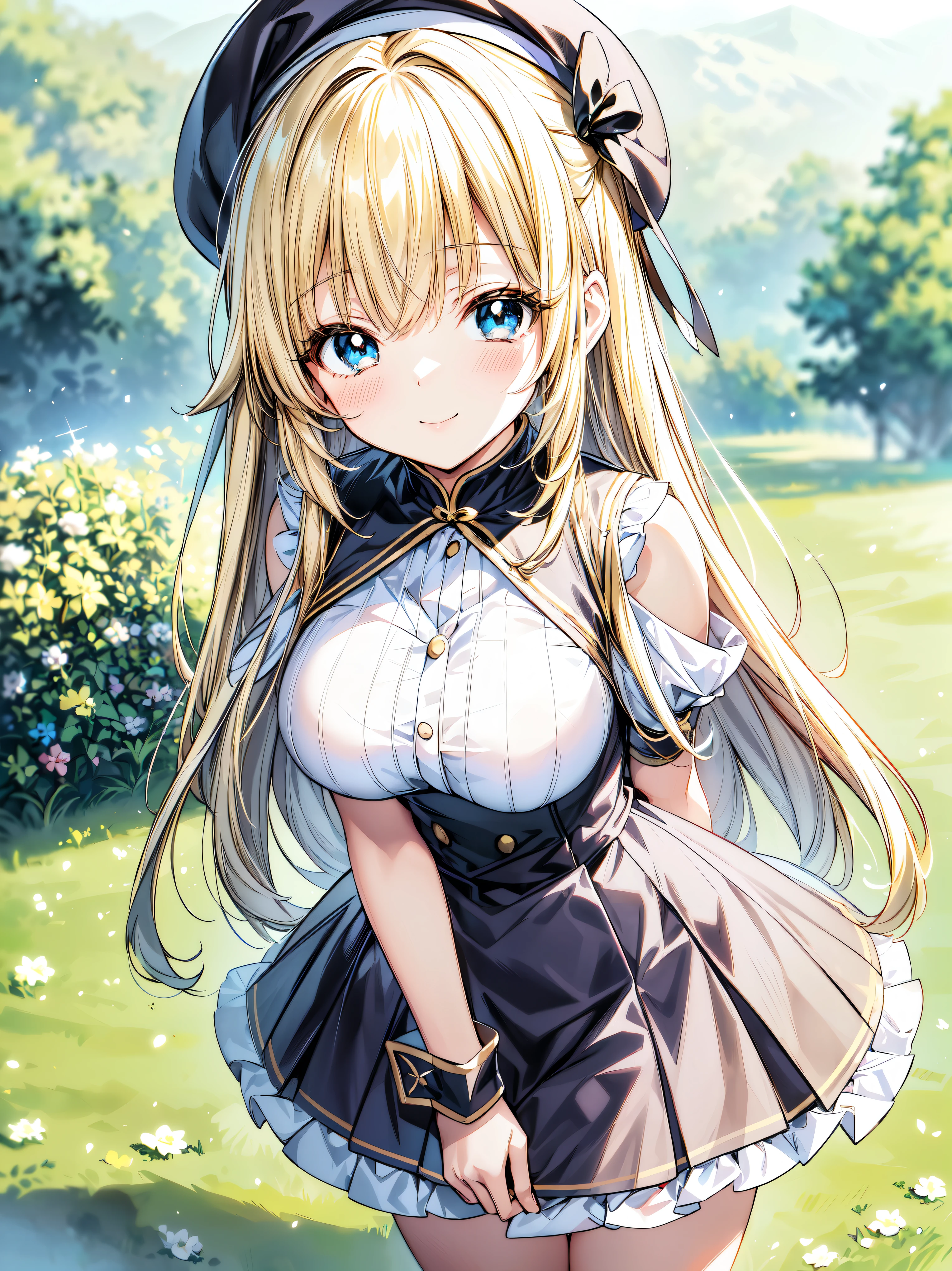 ((Ultra HD)), ((Super detailed)), ((Best Quality)), Blonde, ((Asymmetrical bangs)), KAWAII, happy smile, Big Breasts, breasts focus, Beret, Pleated mini skirt with lace, White Wizard, looking at viewer, from above, leaning forward, on grassland, (((Complete Hand))), ((depth of field, blurred background)), (anime moe art style:1.3),