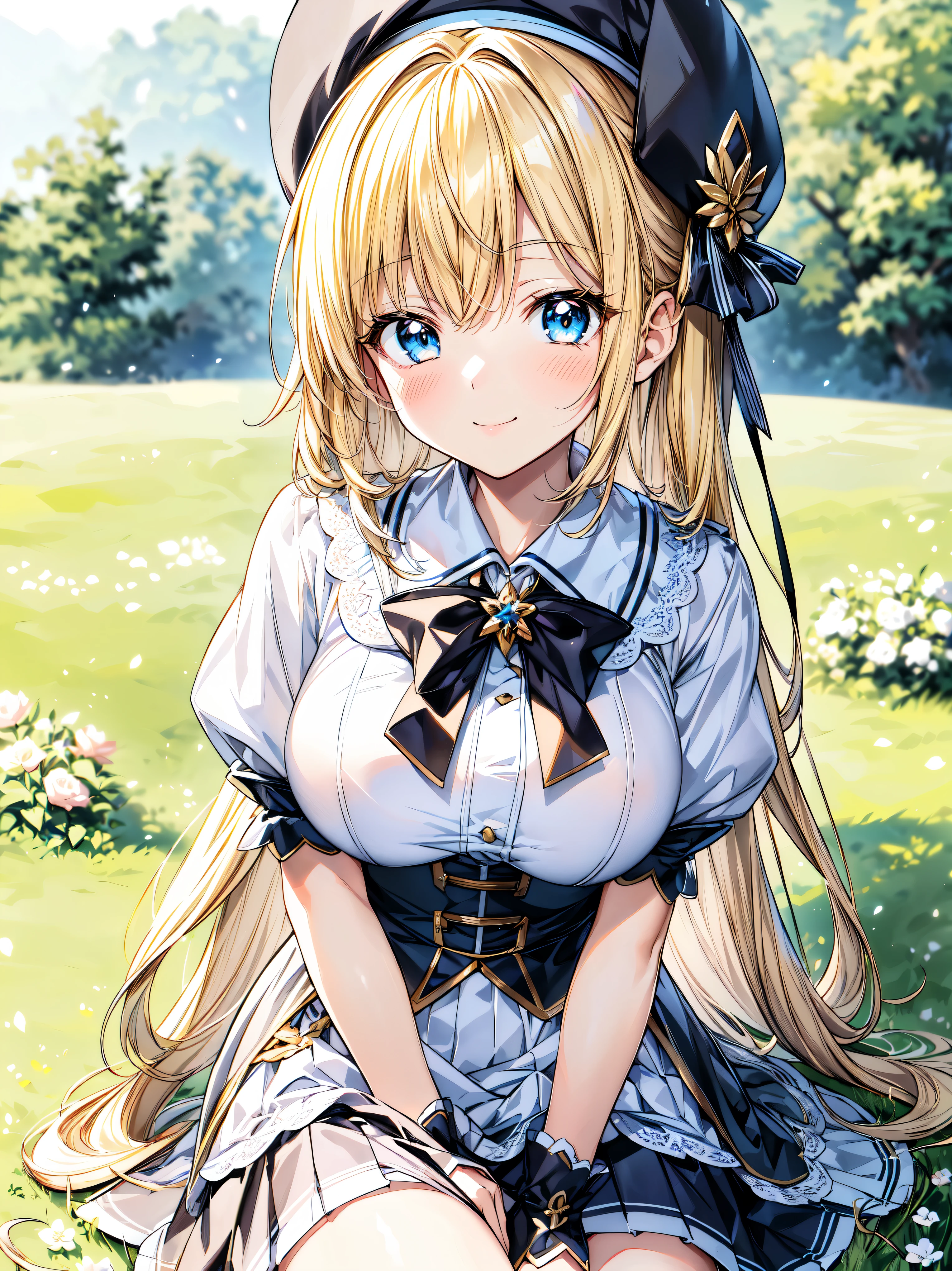 ((Ultra HD)), ((Super detailed)), ((Best Quality)), Blonde, ((Asymmetrical bangs)), KAWAII, happy smile, Big Breasts, breasts focus, Beret, Pleated mini skirt with lace, White Wizard, looking at viewer, from above, leaning forward, on grassland, (((Complete Hand))), ((depth of field, blurred background)), (anime moe art style:1.3),