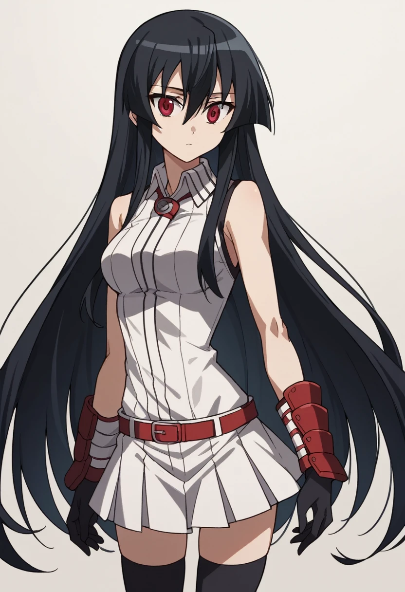  1girl,solo,akame, long hair, black hair, red eyes, hair between eyes,sleeveless white shirt,white skirt, white collar shirt, red belt,hair between eyes, big eyes, slim body, long black gloves, black thighhighs,white bracers