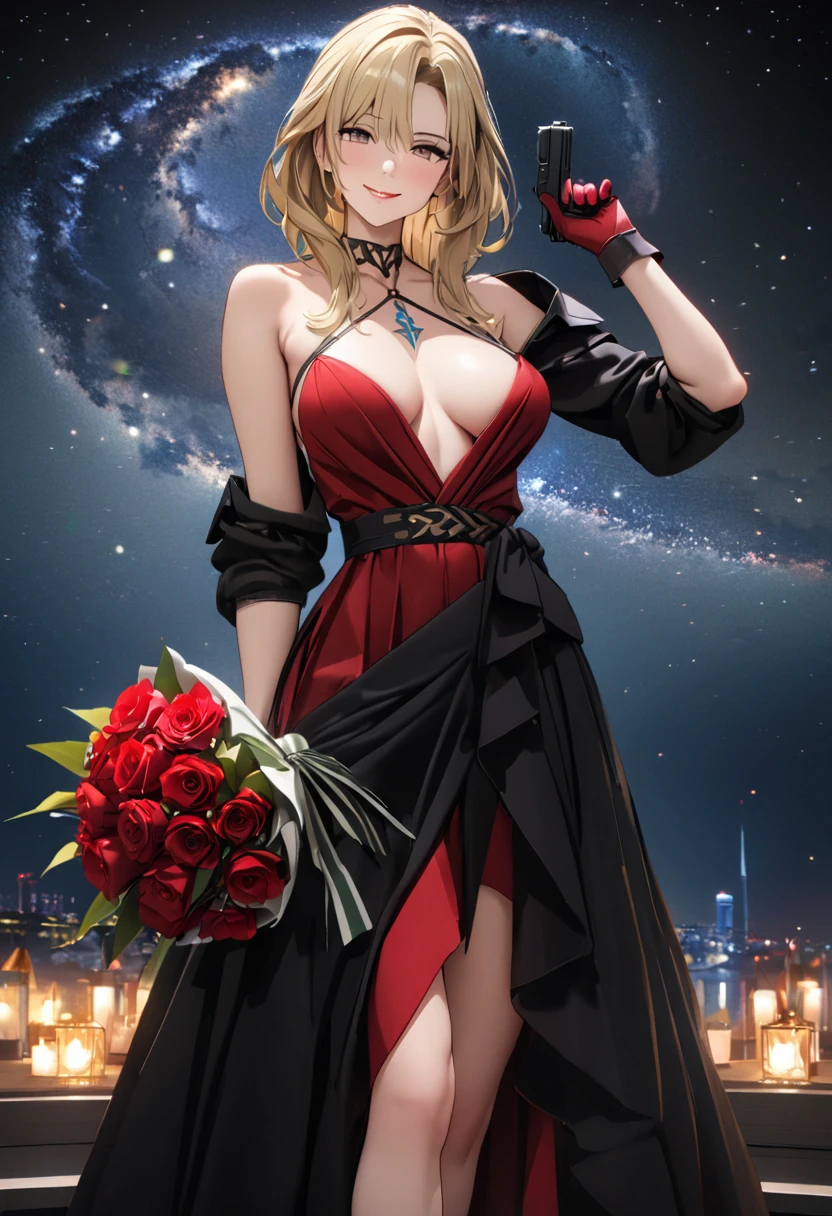 a masterpiece, Best Quality:1.5, (UHD, best quality, 8k, complicated:1.3, Highly detailed CG), 1woman, Alone, full body:1.4, Smile, lipstick:1.3, beautiful, Blonde, Sauvage, Crimson Dress\The chest is open\Shoulder straps\Flaming Hems\complicated:1.3, Red long gloves, Chest jewels, Right hand:Red rose bouquet, left hand:Pistol:1.5, ((Pistol, Handgun)), Starry Night Background:1.2