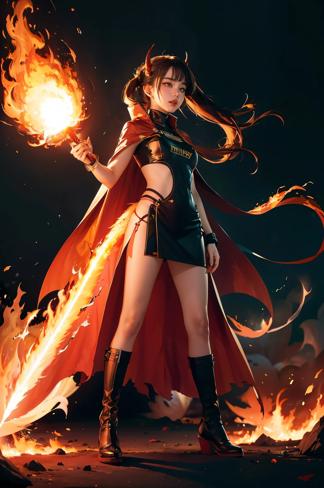 (1girl,solo),full body, gradient_background, ((burning,breathing fire, explosion,fiery tail)), torn clothes,cape,horns,holding_sword, 