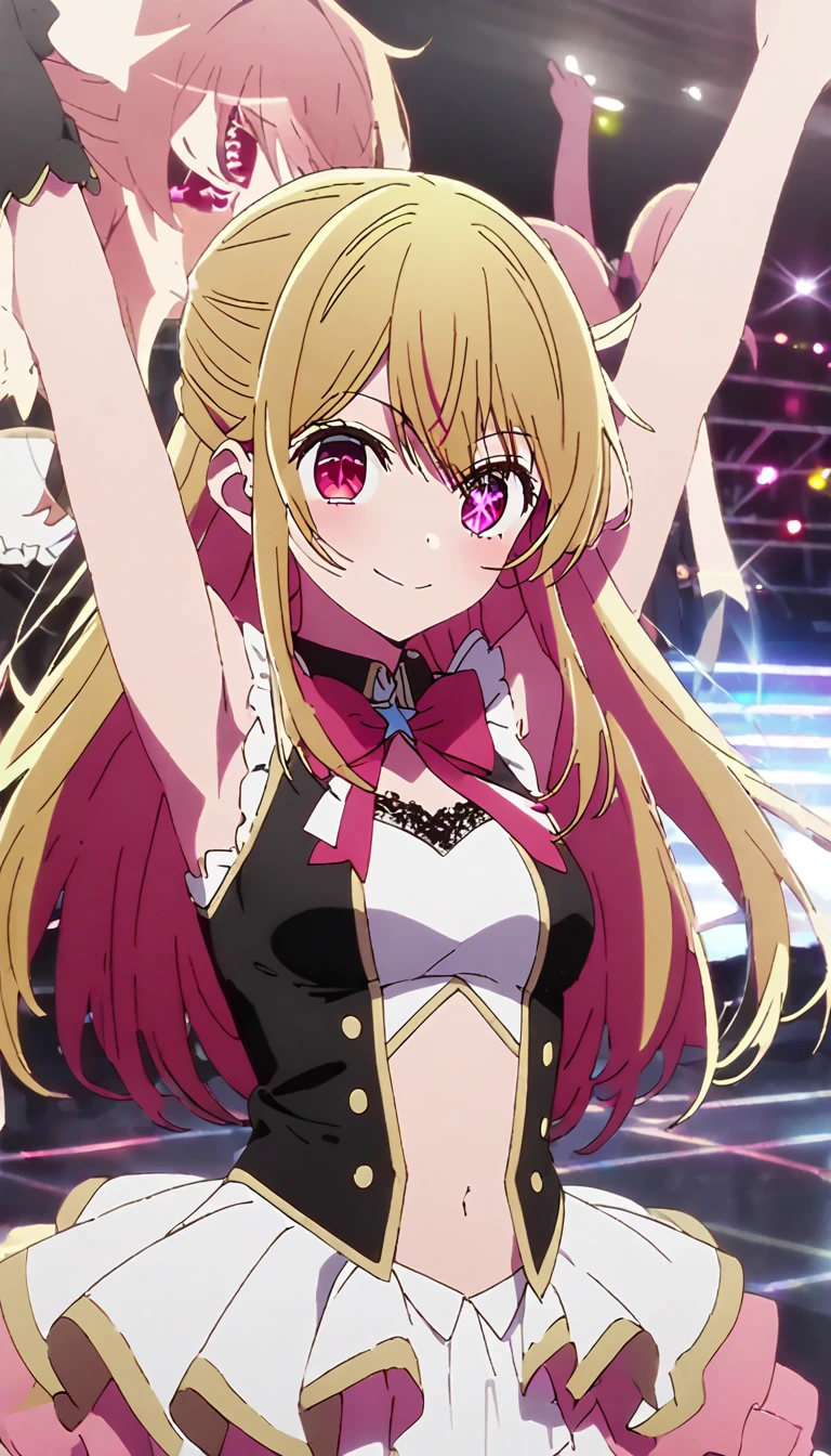 ruby hoshino, long hair, bangs, blonde hair, pink eyes, sidelocks, symbol-shaped pupils, multicolored hair, two-tone hair, star-shaped pupils, medium breast, smile, open mouse, idol costume, sleeveless, frilled dress, clevage lace, chest lace, navel, slender waist, poses, arms up, underarm, looking viewer, from front, best quality, ultra-detailed, high resolution, 8K, clothes detailed, 