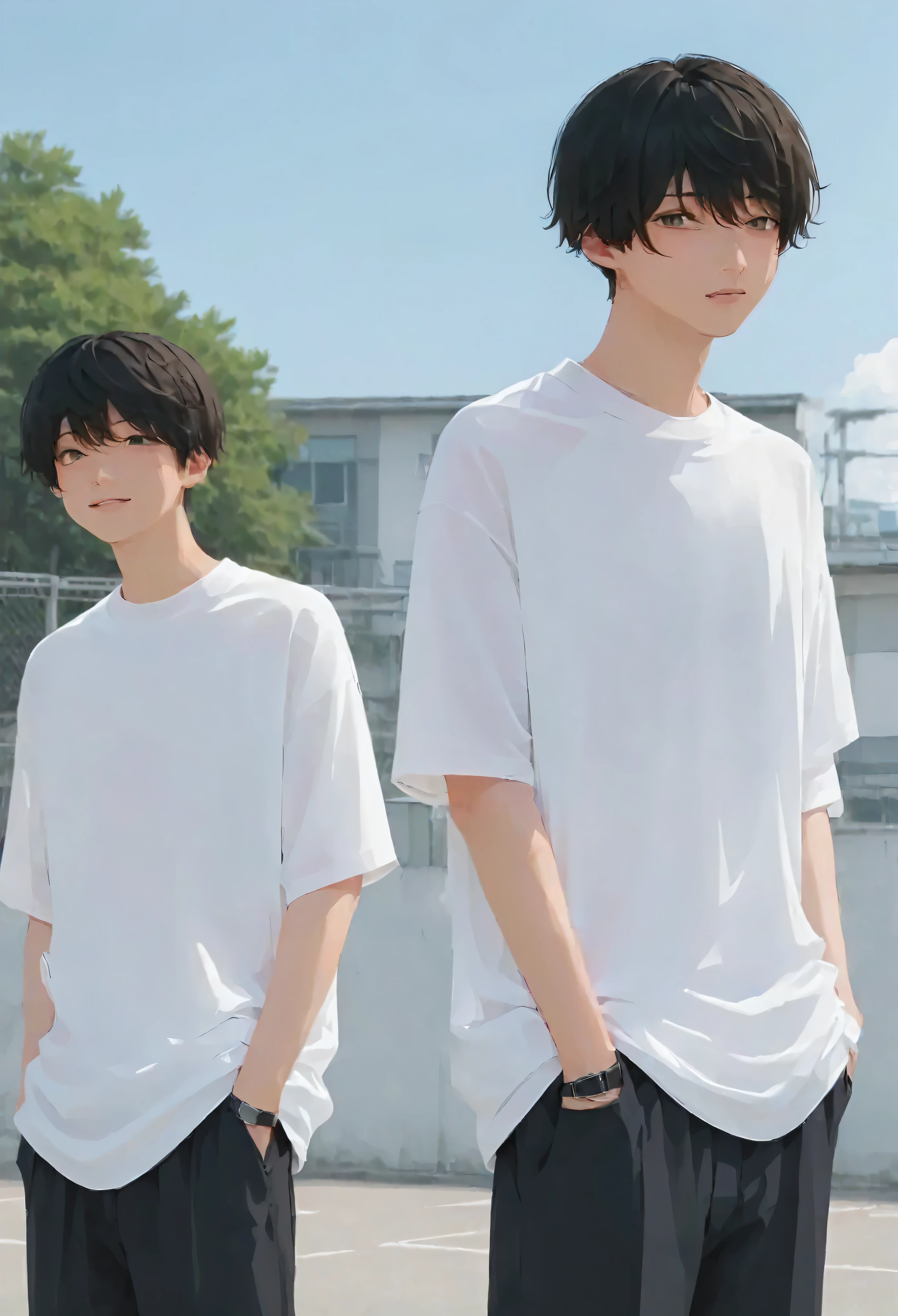 male、Two men、high school student、T-Shirts、Jersey、Standing posture、whole body、Black Hair、Summer sunshine