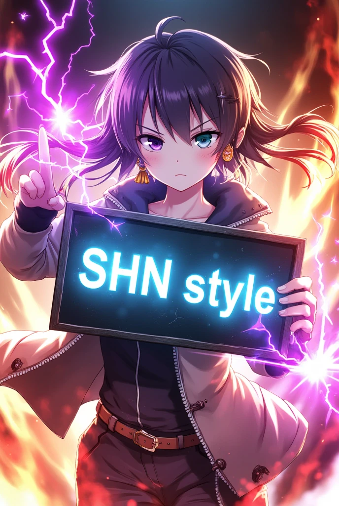 SHN style,1girl,anime,gradient fire,electric,electricity,fire,lighting, magic,solo, having a signboad saying"SHN style",gradient,cool girl,heterochromia iris