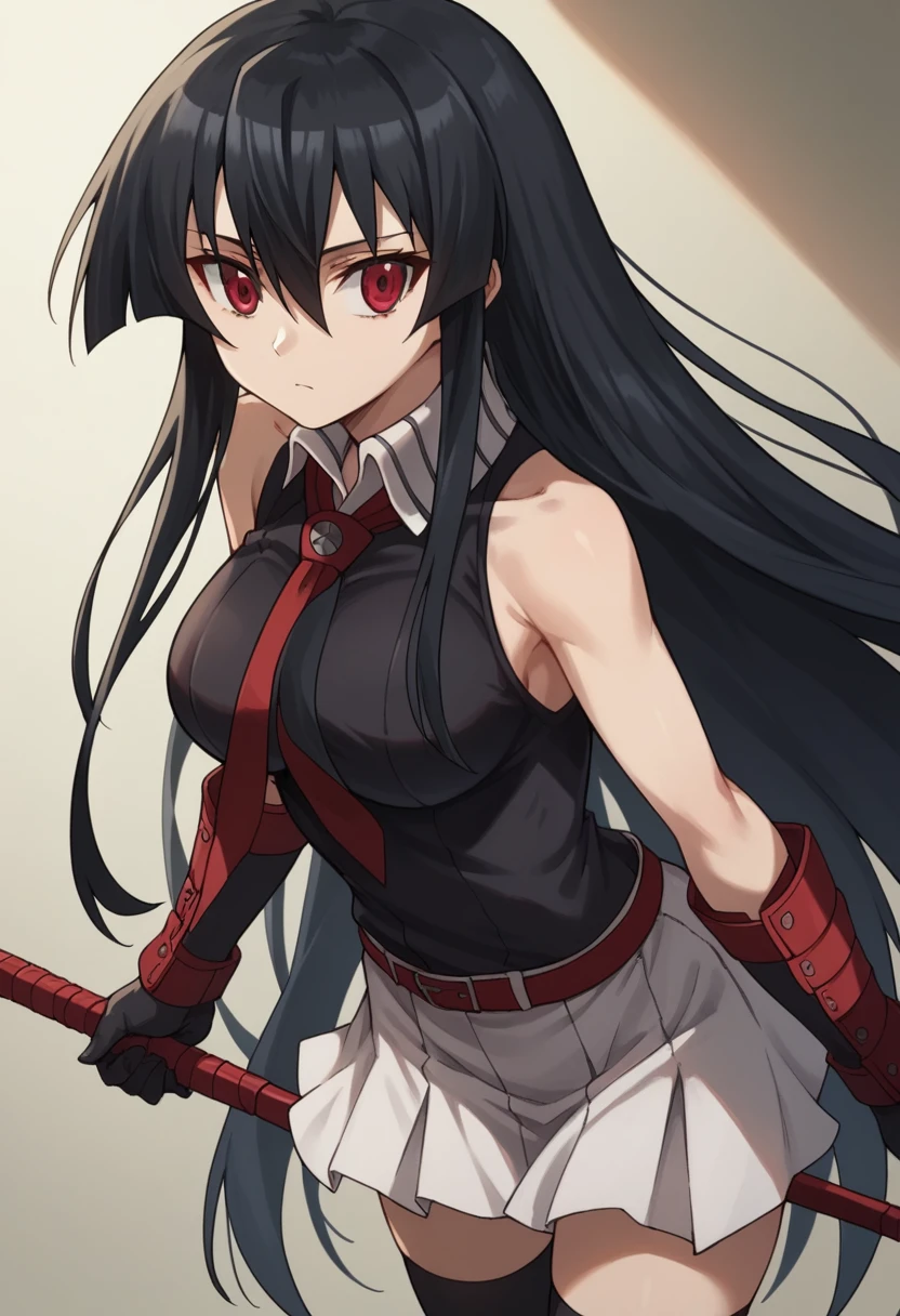  1girl,solo,akame, long hair, black hair, red eyes, hair between eyes,sleeveless white shirt,white skirt, white collar shirt, red belt,hair between eyes, big eyes, slim body, long black gloves, black thighhighs,white bracers