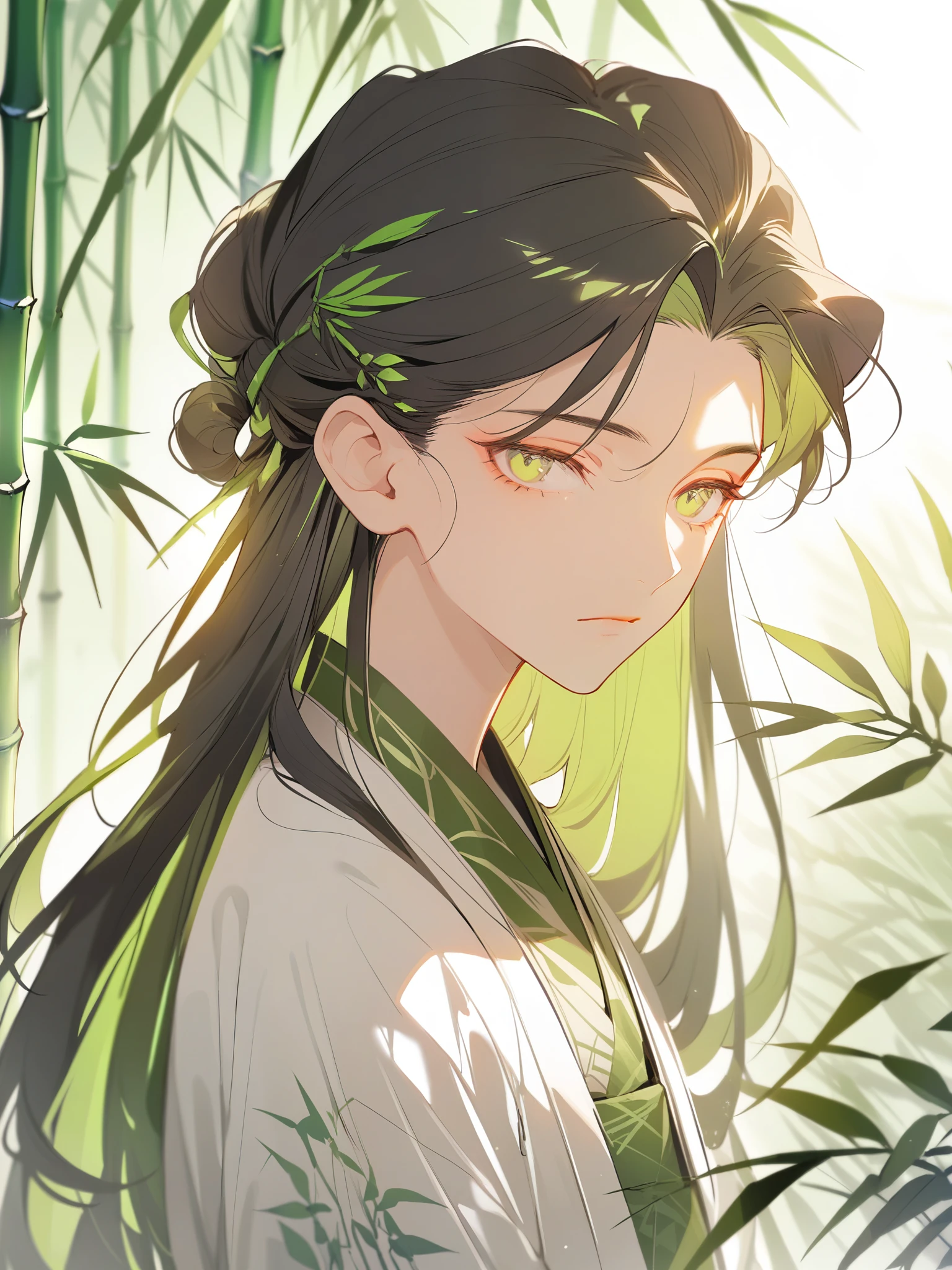 1 Ancient Style Boy,Beautiful face,Exquisite facial features,Middle-parted long hair,black hair,With green hairpin,Cool temperament,White clothes,Bamboo pattern decoration,Background light green landscape,Half figure,Light and Shadow,Bright and clear color