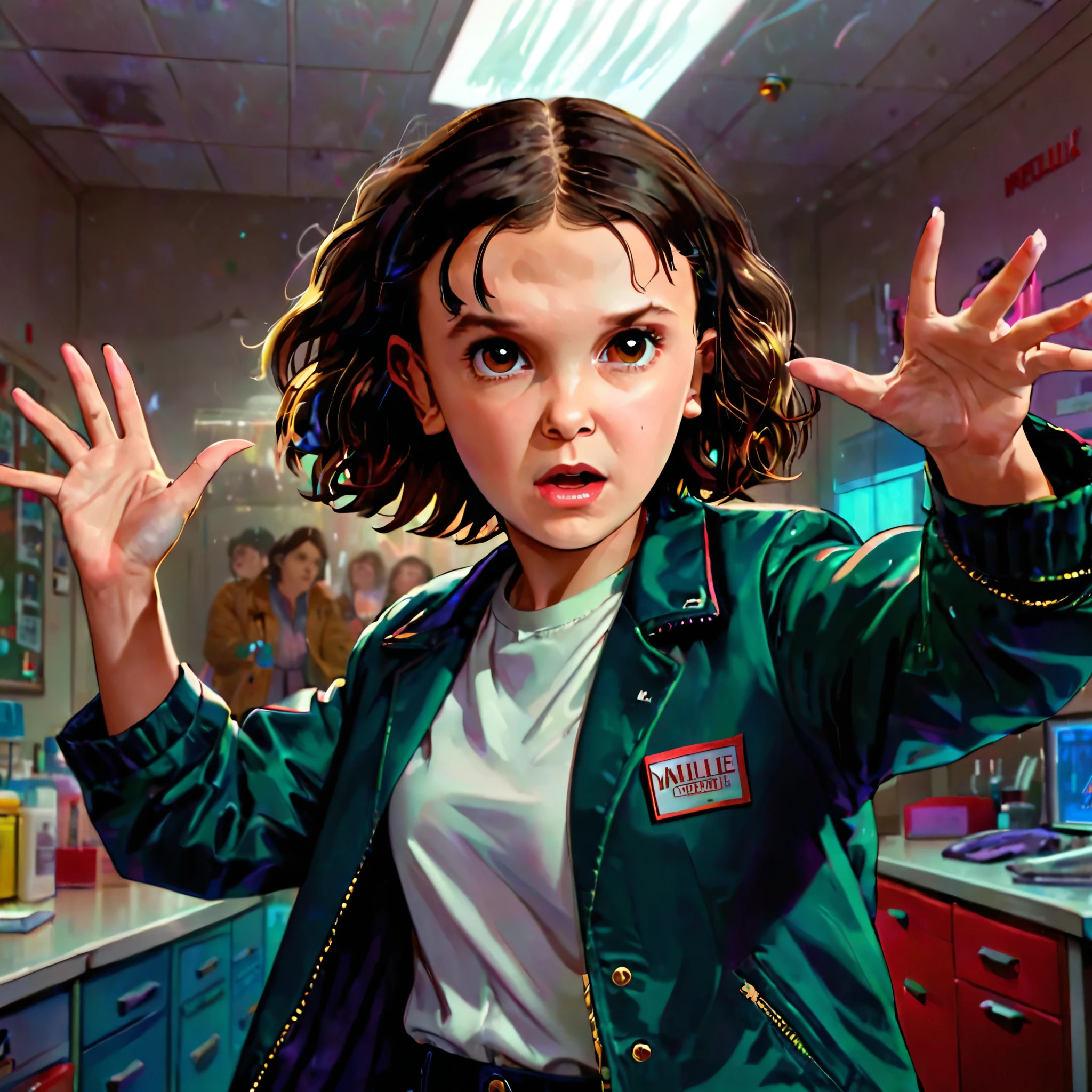 milli3 woman, millie bobby brown, stranger things, 1 girl wearing a jacket, extending the arm, angry expresion, air wave emerging from the hand, netflix, eleven, in a laboratory room, front view