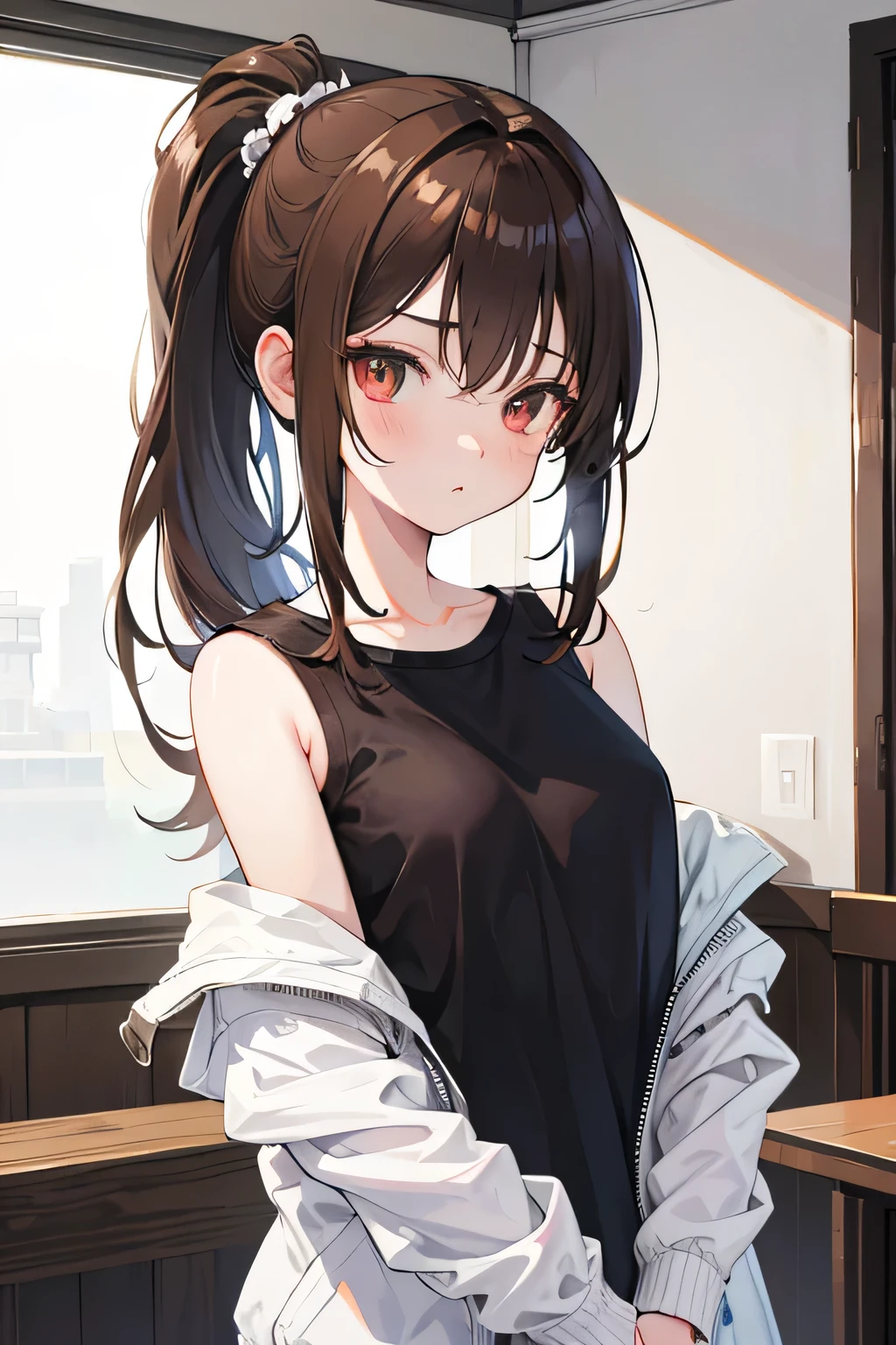 1girl,20y.o,using black crop top and short,brown hair,mullet haircut,long hair,ponytail hairstyle,light red eyes,bedroom open the door background, happy expression