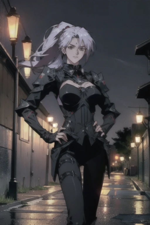 1 Girl, White hair，Low ponytail, Mature sexy older sister with hands on hips, Black Skinny Jacket, Buckles and straps, Tactical vest damaged，Wearing goggles on head, Big breasts(d)，Raise eyebrows
(at night, streetlamp, street, outdoor, Beautiful Views)Top view, 