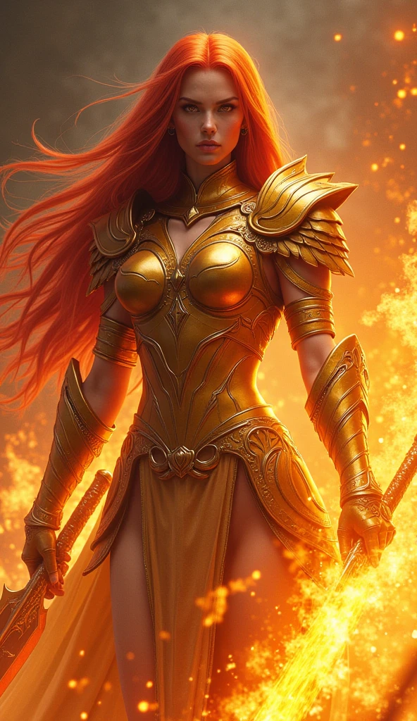 Phoenix Blade (Фениксовый Клинок)
"A warrior with long, fiery red hair and amber eyes that blaze like fire. She wears a gleaming, golden suit of armor adorned with feather-like details that resemble the wings of a phoenix. Her sword, a glowing blade of molten lava, flickers with flames that seem alive. Her movements are fluid and graceful, and her armor glows with an inner heat. Around her, flames rise and fall, ready to incinerate anything in her path, as she wields the fiery power of rebirth."