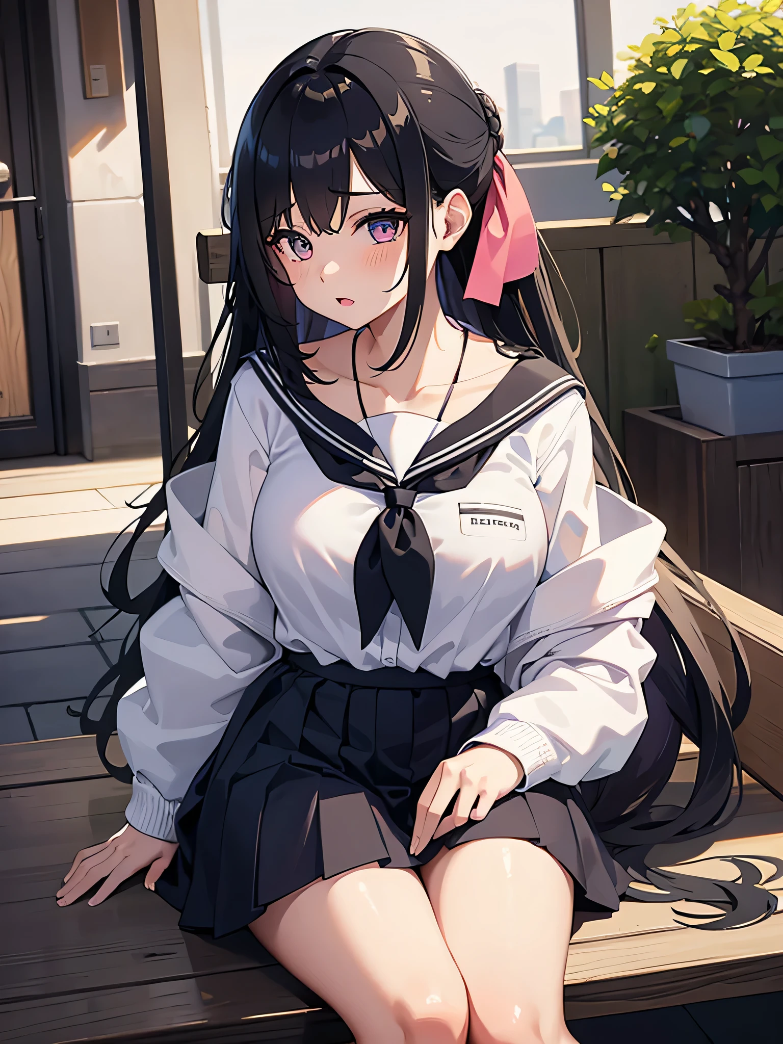 Elementary school girl, , A cup breasts, black hair, long hair, purple eyes (one person) Plain white upper body, short sleevesTShirt, navy blue miniskirt, white panties((I can see her panties)) White socks Girl's Room Are standing ((I can see her panties)) Dynamic angle Low angle