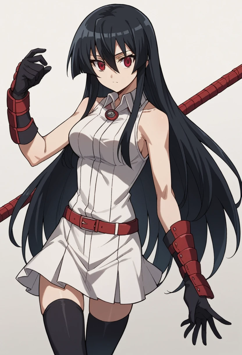  1girl,solo,akame, long hair, black hair, red eyes, hair between eyes,sleeveless white shirt,white skirt, white collar shirt, red belt,hair between eyes, big eyes, slim body, long black gloves, black thighhighs,white bracers