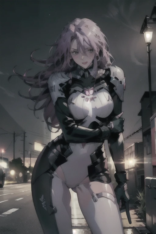 1 Girl, White hair,Low braided hair draped over one shoulder，Mature sexy older sister with hands on hips, Black Skinny Jacket, Buckles and straps, Tactical vest damaged，Wearing goggles on head, Big breasts(d)，With a pistol on his waist
(at night, streetlamp, street, outdoor, Beautiful Views)Ah Hey Yan, saliva拉丝, Heart-Shaped Eyes, Blushing, Open mouth, Stick out your tongue, saliva, 