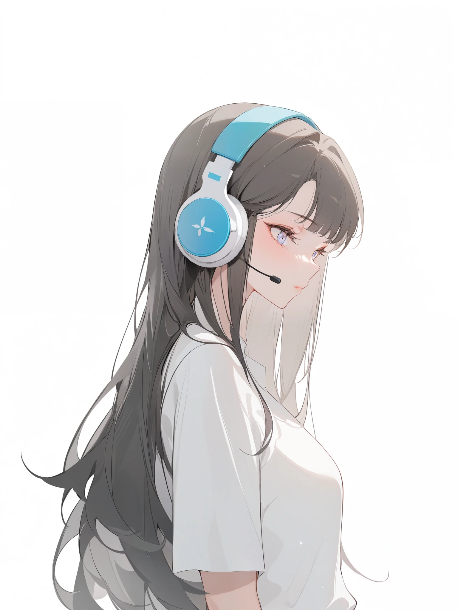 masterpiece,Best quality,(1 Girl:1.2),Liubai,Minimalism,White_background,Abstract,1 Girl,White shirt,Wearing headphones,Long straight hair,With bangs