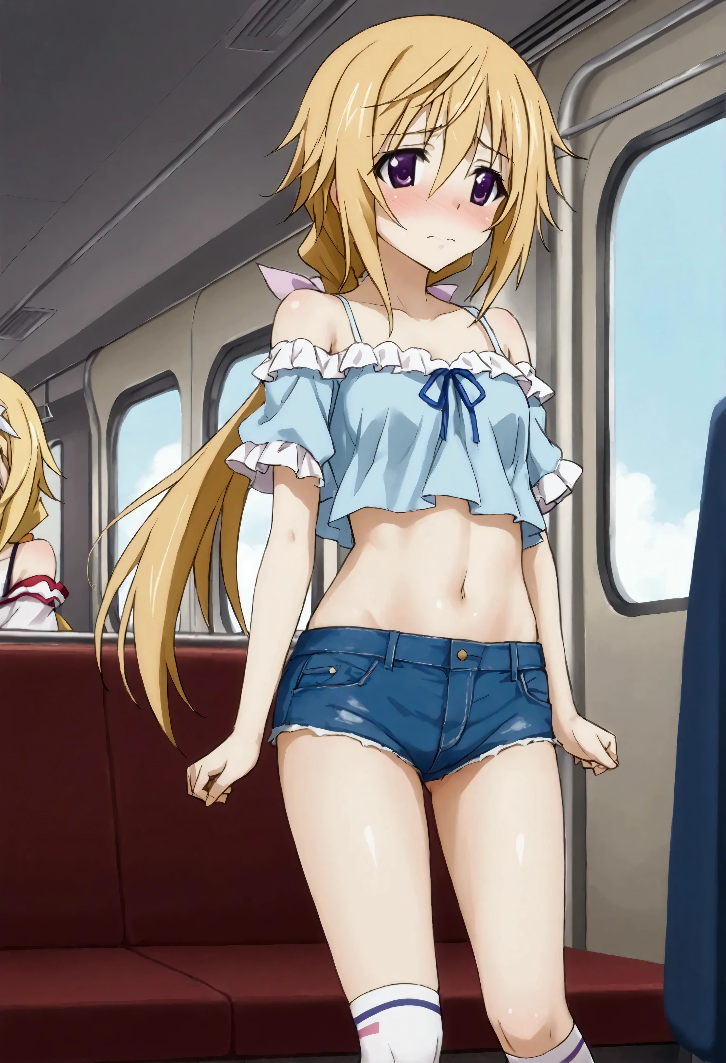 NSFW,masterpiece,Best Quality,High resolution,Very detailed,Charlotte Dunois\(Infinite Stratos\),Long Hair、Blonde Hair、ribbon、Purple Eyes、ponytail、ヘアribbon,Frilled shirt,Off the shoulder,Crop top,Low-rise denim shorts,Knee-high socks,(A patient face),Embarrassed,blush,Inside the train,Crowded train,(Molester)