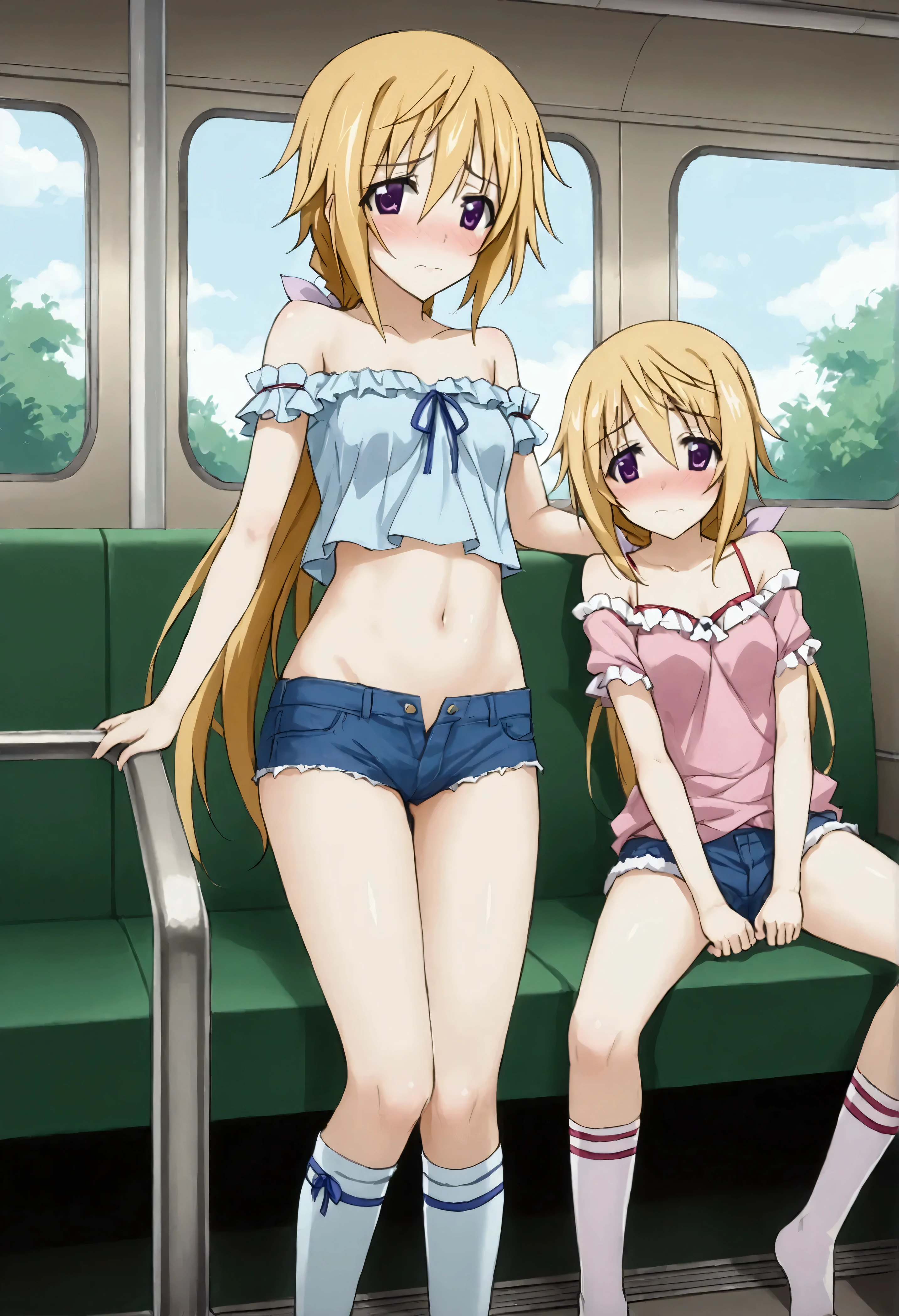 NSFW,masterpiece,Best Quality,High resolution,Very detailed,Charlotte Dunois\(Infinite Stratos\),Long Hair、Blonde Hair、ribbon、Purple Eyes、ponytail、ヘアribbon,Frilled shirt,Off the shoulder,Crop top,Low-rise denim shorts,Knee-high socks,(A patient face),Embarrassed,blush,Inside the train,Crowded train,(Molester)